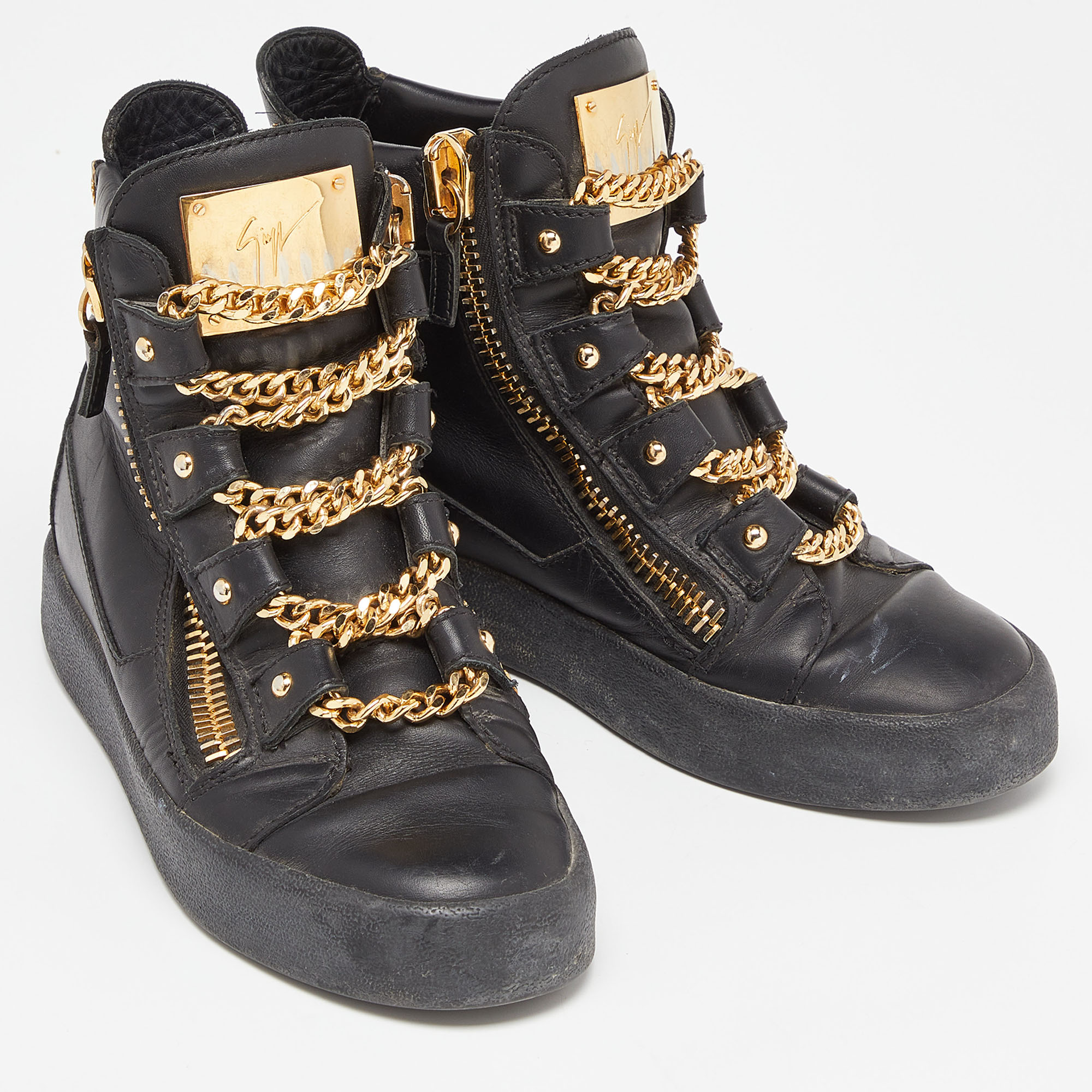 Giuseppe Zanotti Black Leather London Birel Chain Embellished High Top Sneakers Size 38