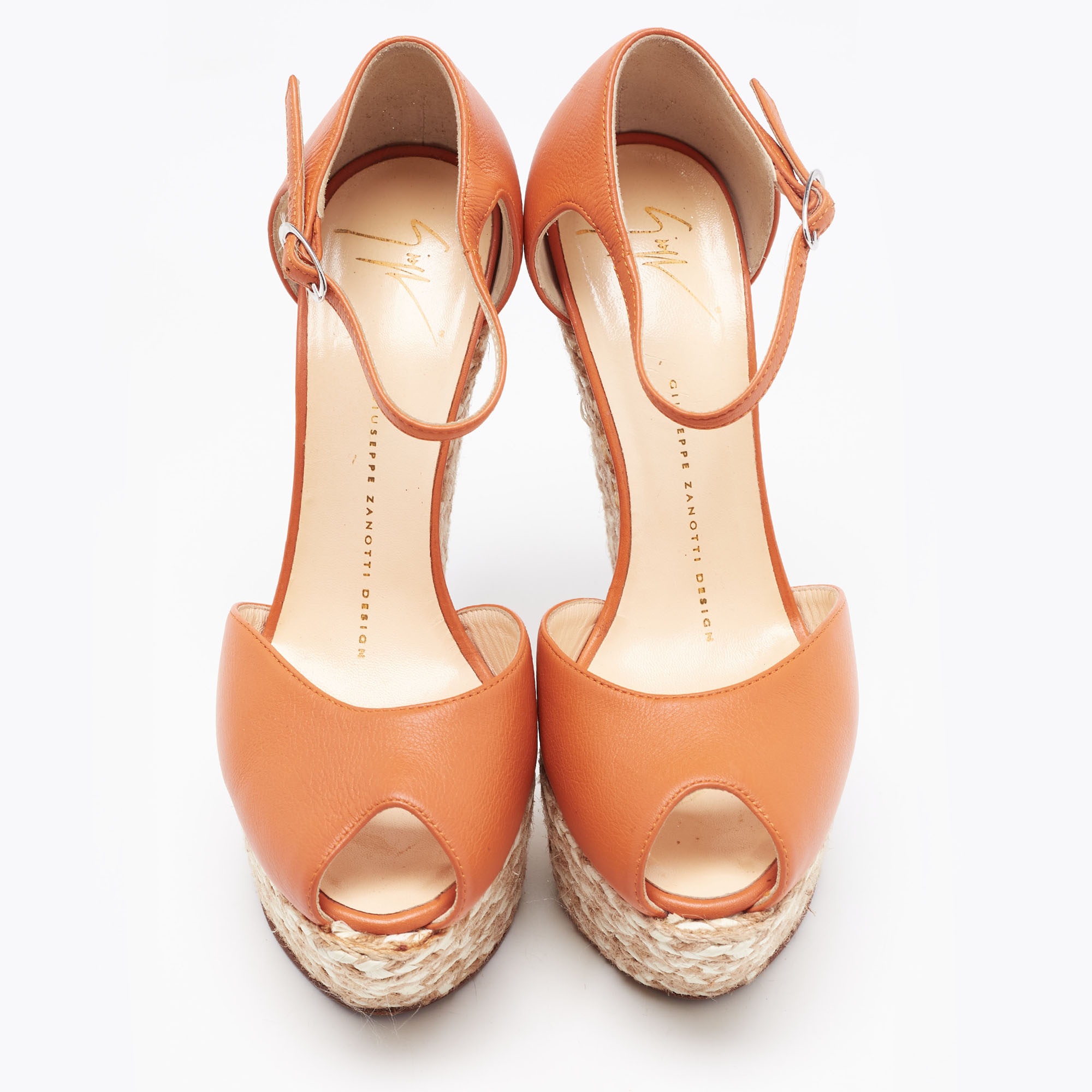 Giuseppe Zanotti Orange Leather Espadrille Platform Wedge Sandals Size 37.5