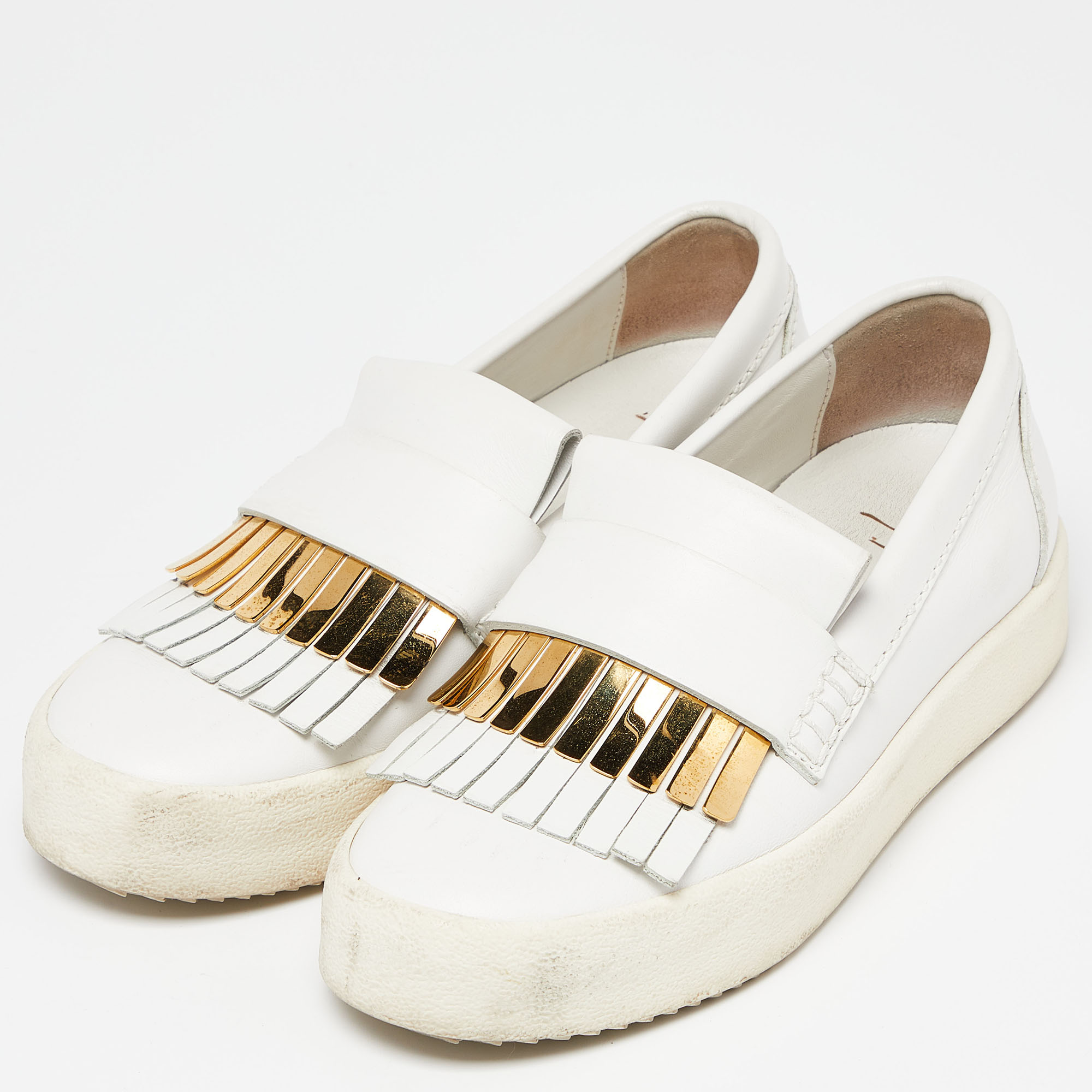 Giuseppe Zanotti White Leather Fringed Slip On Sneakers Size 37.5