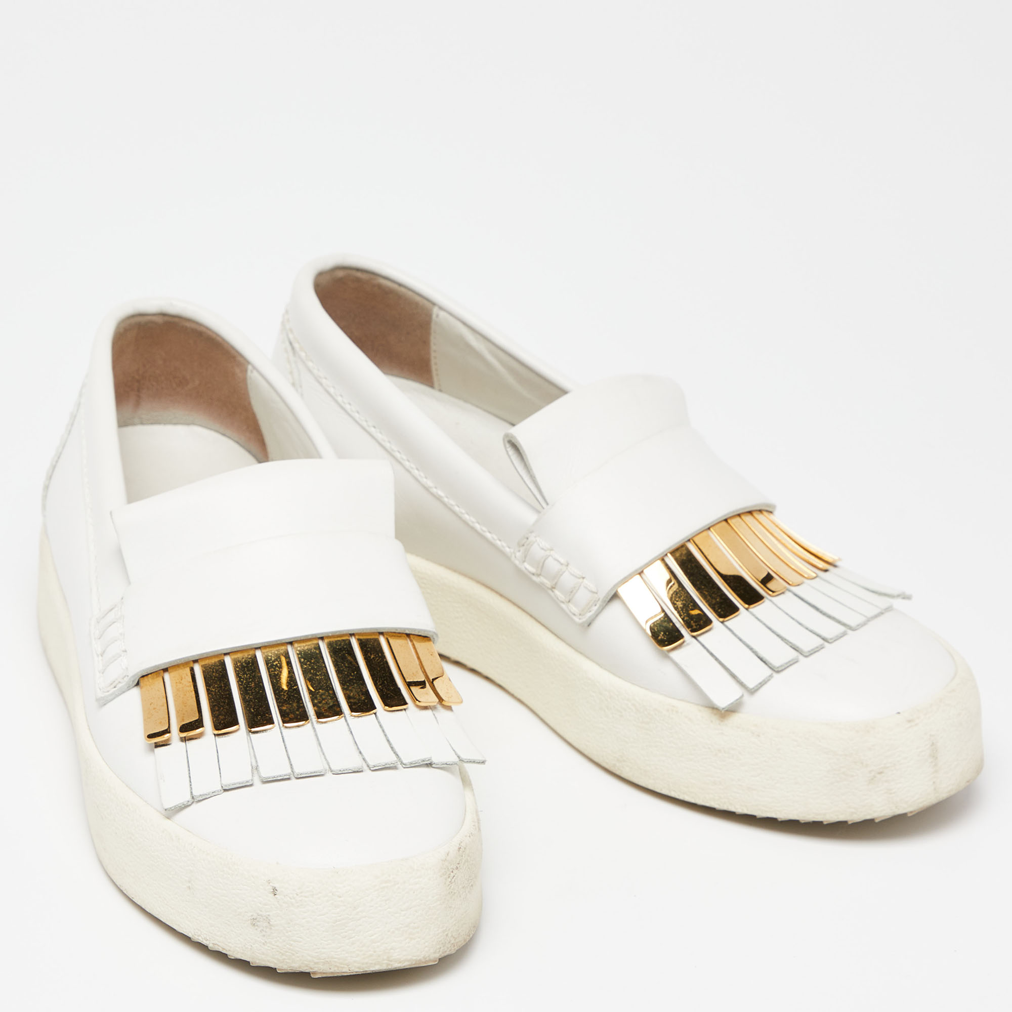 Giuseppe Zanotti White Leather Fringed Slip On Sneakers Size 37.5