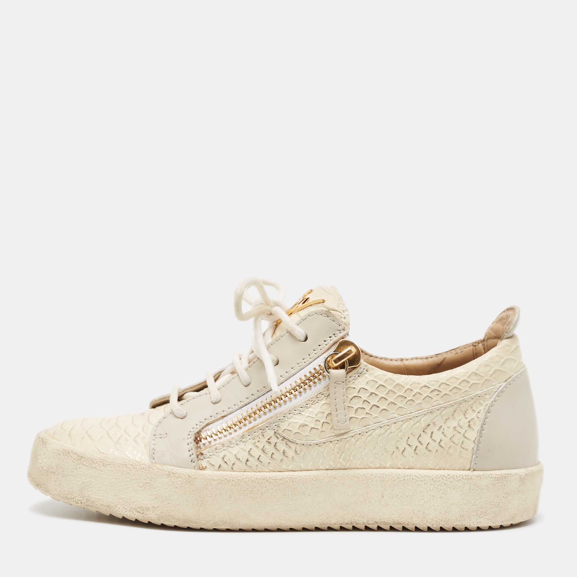 Giuseppe Zanotti Cream/Grey Embossed Python And Leather Frankie Sneakers Size 38.5