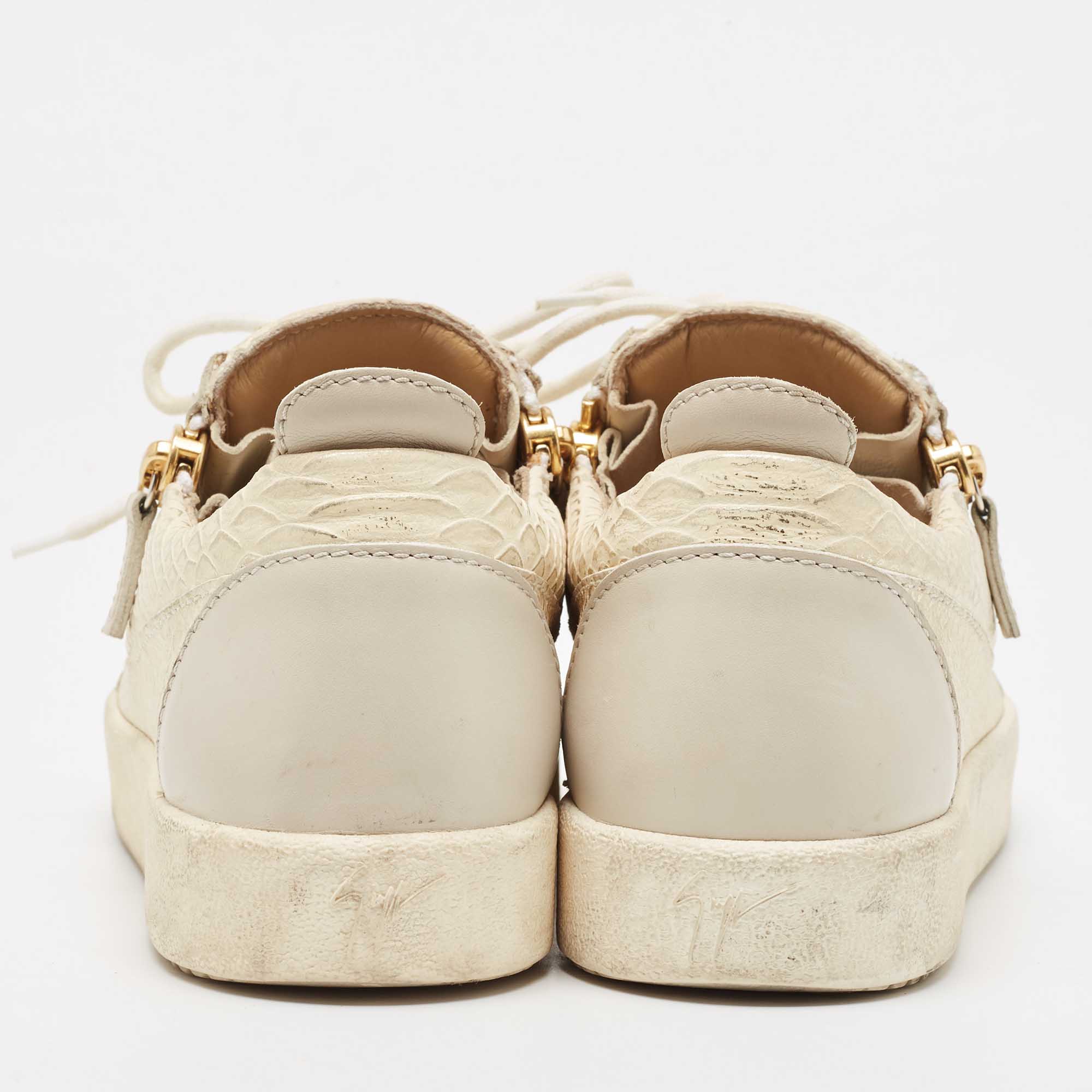 Giuseppe Zanotti Cream/Grey Embossed Python And Leather Frankie Sneakers Size 38.5