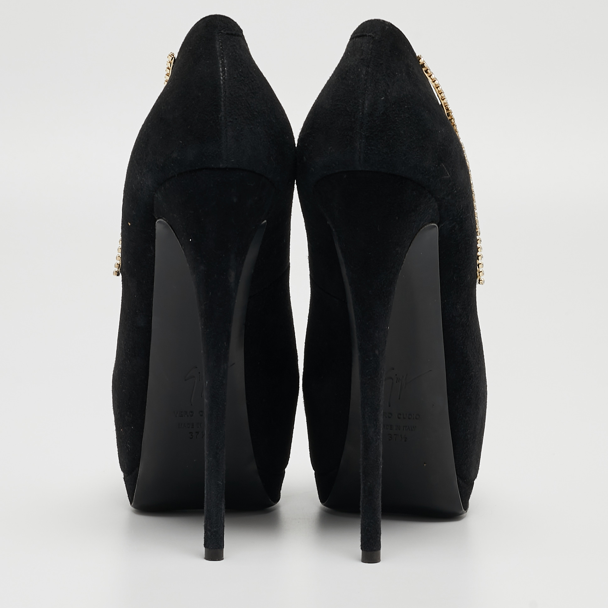 Giuseppe Zanotti Black Suede Crystal Embellished Peep Toe Pumps Size 37.5