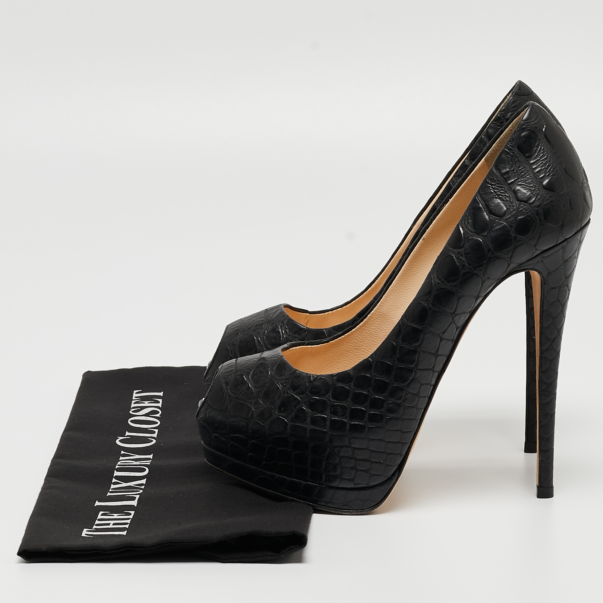 Giuseppe Zanotti Black Croc Embossed Leather Peep Toe Platform Pumps Size 37.5