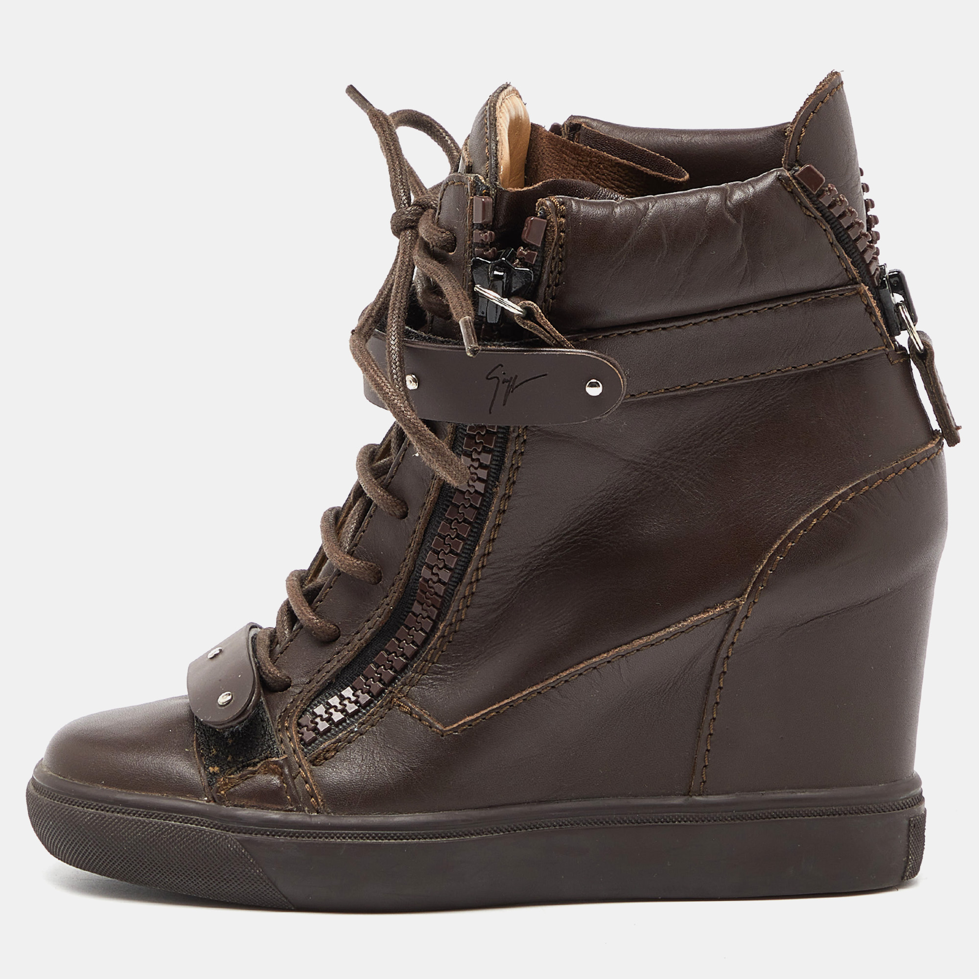 Giuseppe Zanotti Brown Leather Coby Wedge Sneakers Size 36