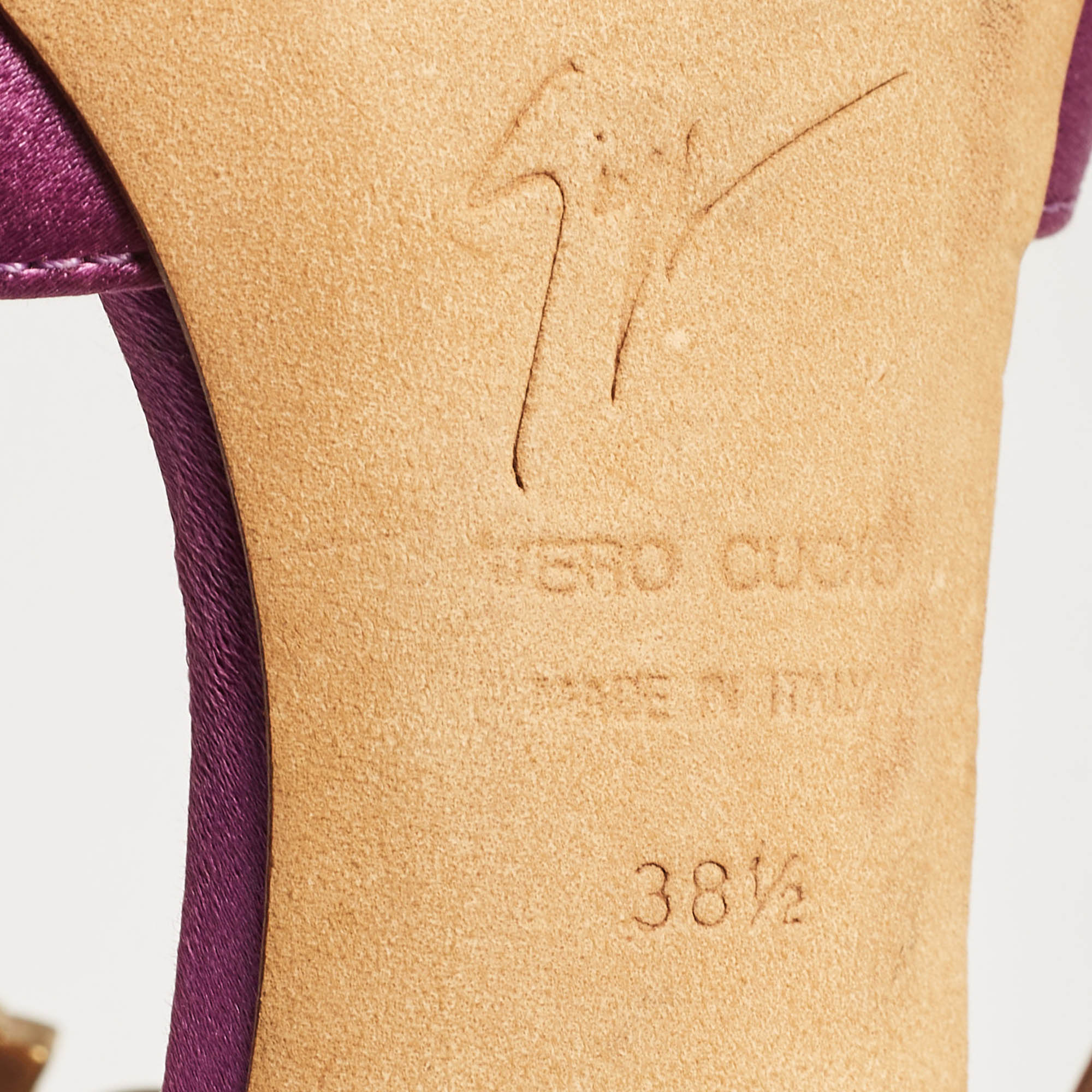 Giuseppe Zanotti Purple Satin Crystal Embellished T-Bar Ankle Strap Sandals Size 38.5