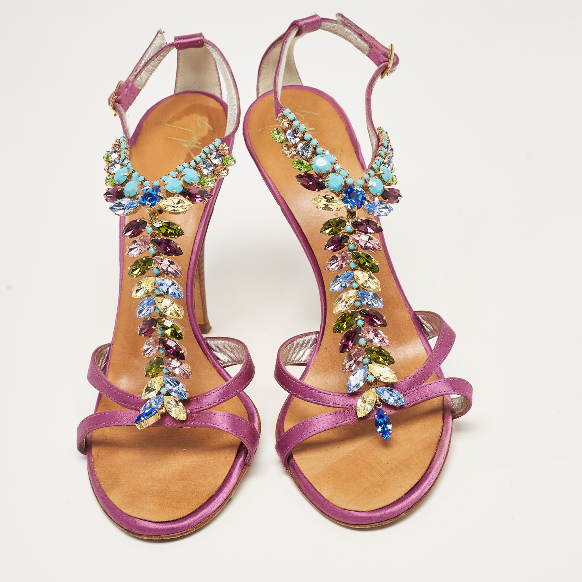Giuseppe Zanotti Purple Satin Crystal Embellished T-Bar Ankle Strap Sandals Size 38.5