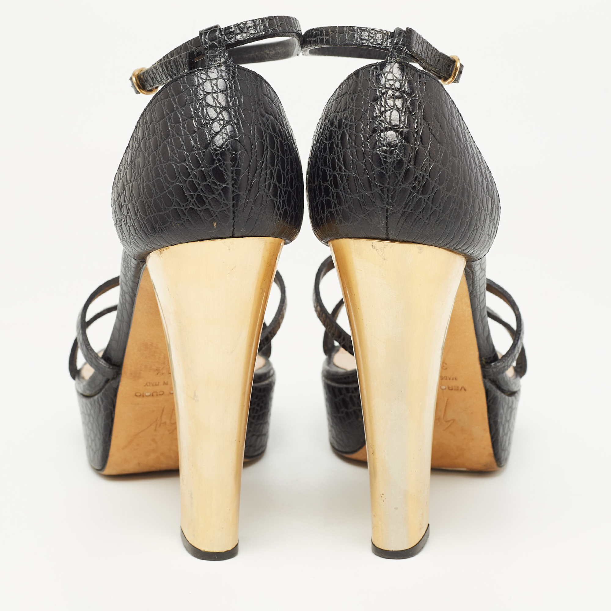 Giuseppe Zanotti Black Croc Embossed Embellished Ankle Strap Sandals Size 39.5