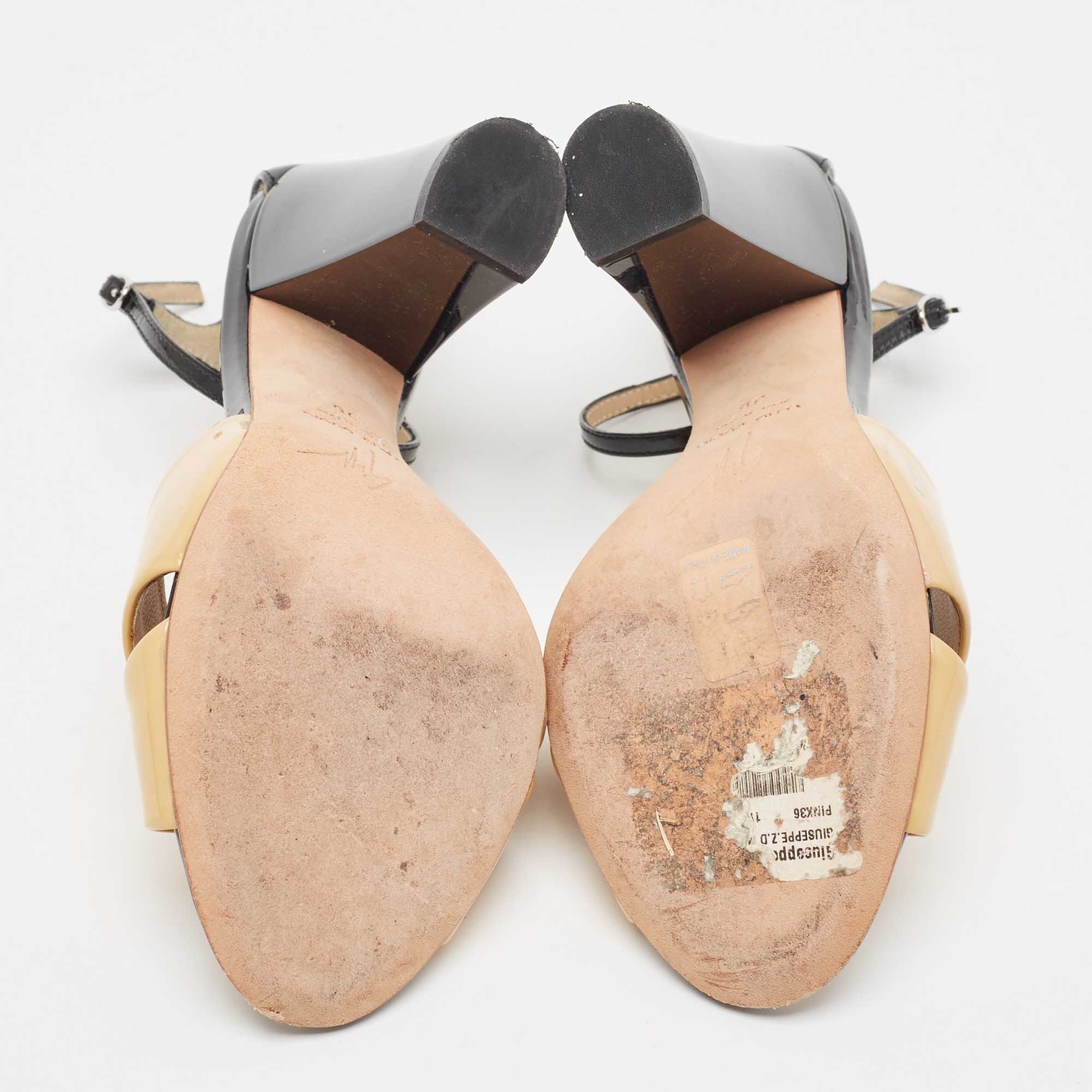 Giuseppe Zanotti Beige/Black Patent Leather Cross Strap Open Toe Sandals Size 36