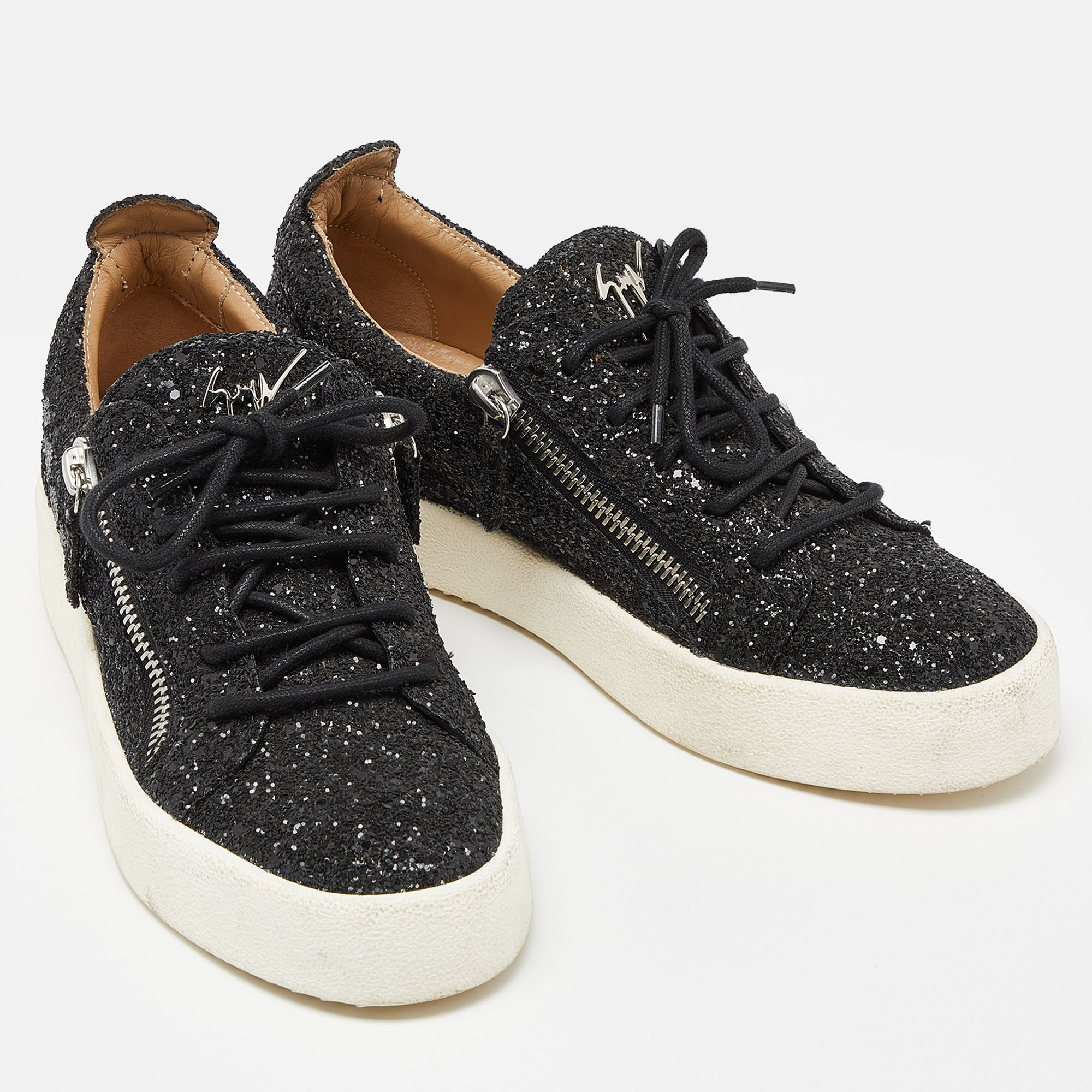 Giuseppe Zanotti Black Glitters Double Zipper May London Sneakers Size 40