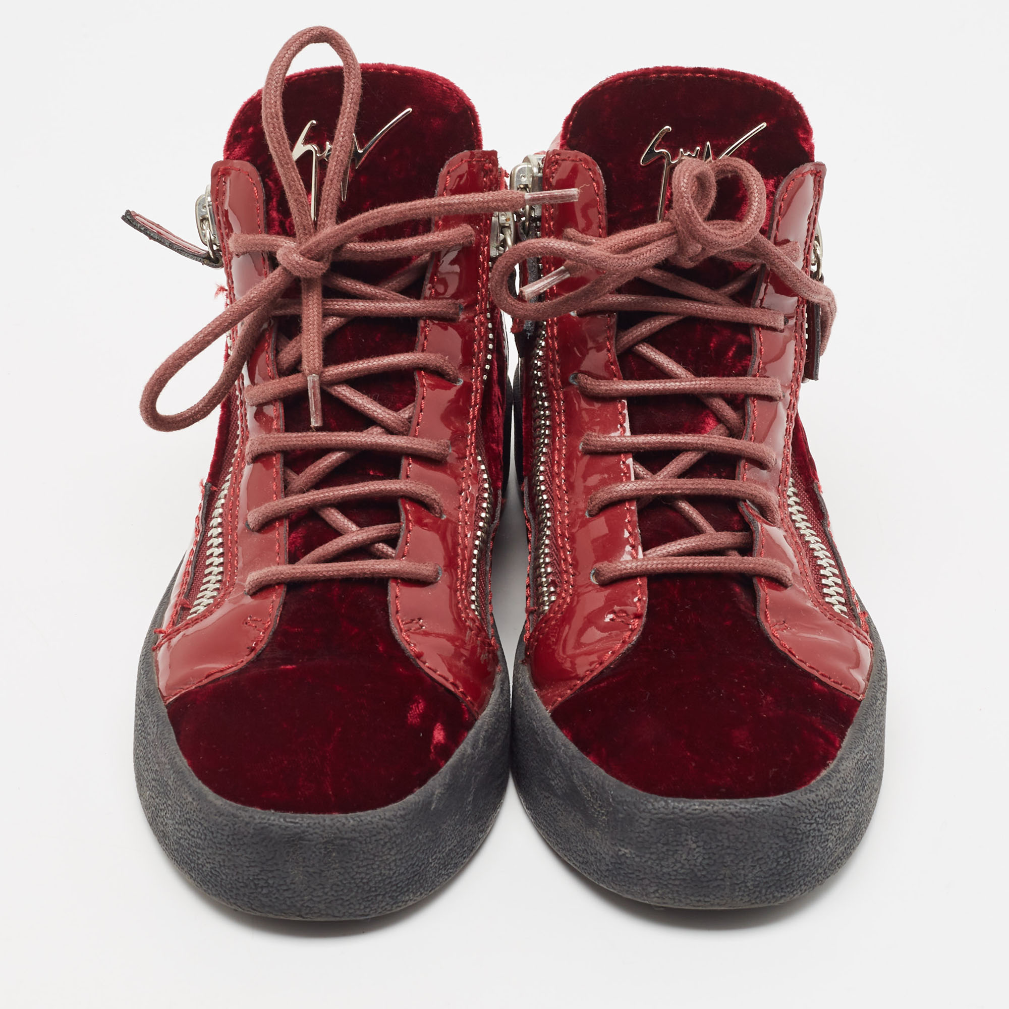 Giuseppe Zanotti Burgundy Velvet And Patent Frankie High Top Sneakers Size 37