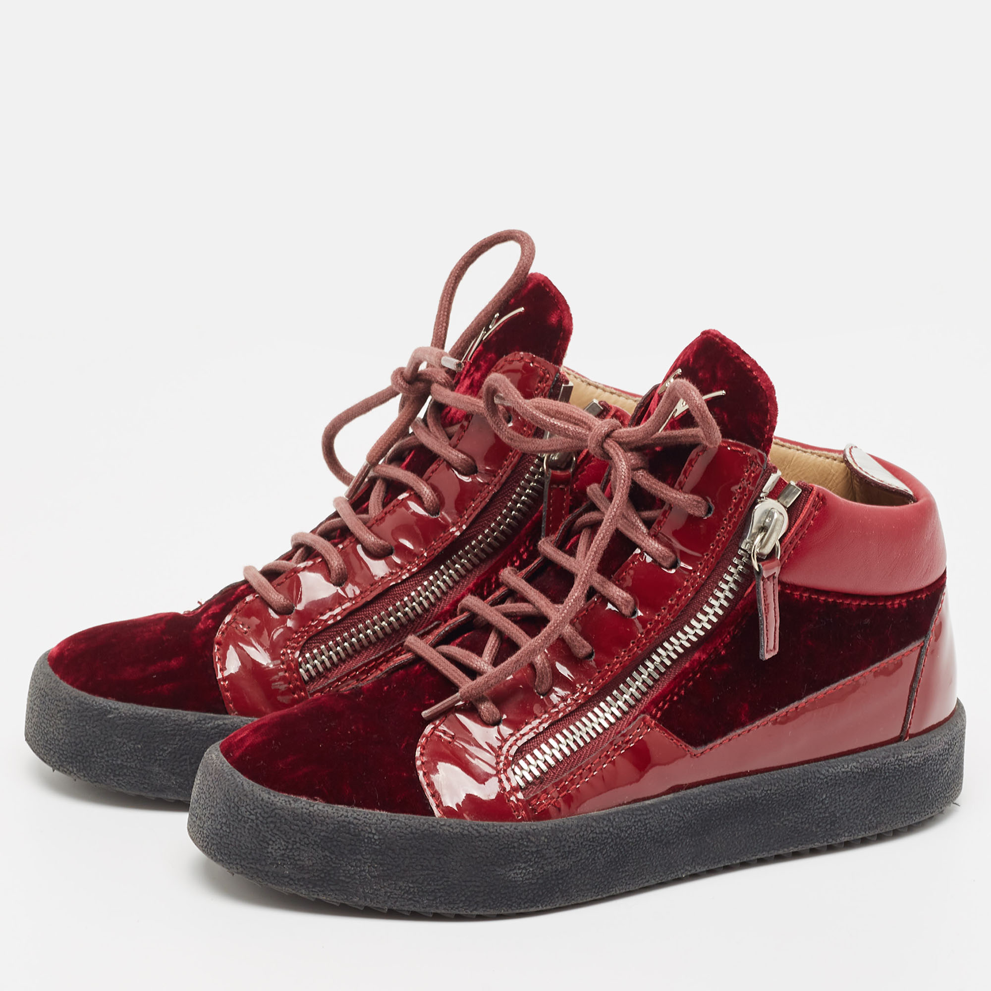 Giuseppe Zanotti Burgundy Velvet And Patent Frankie High Top Sneakers Size 37