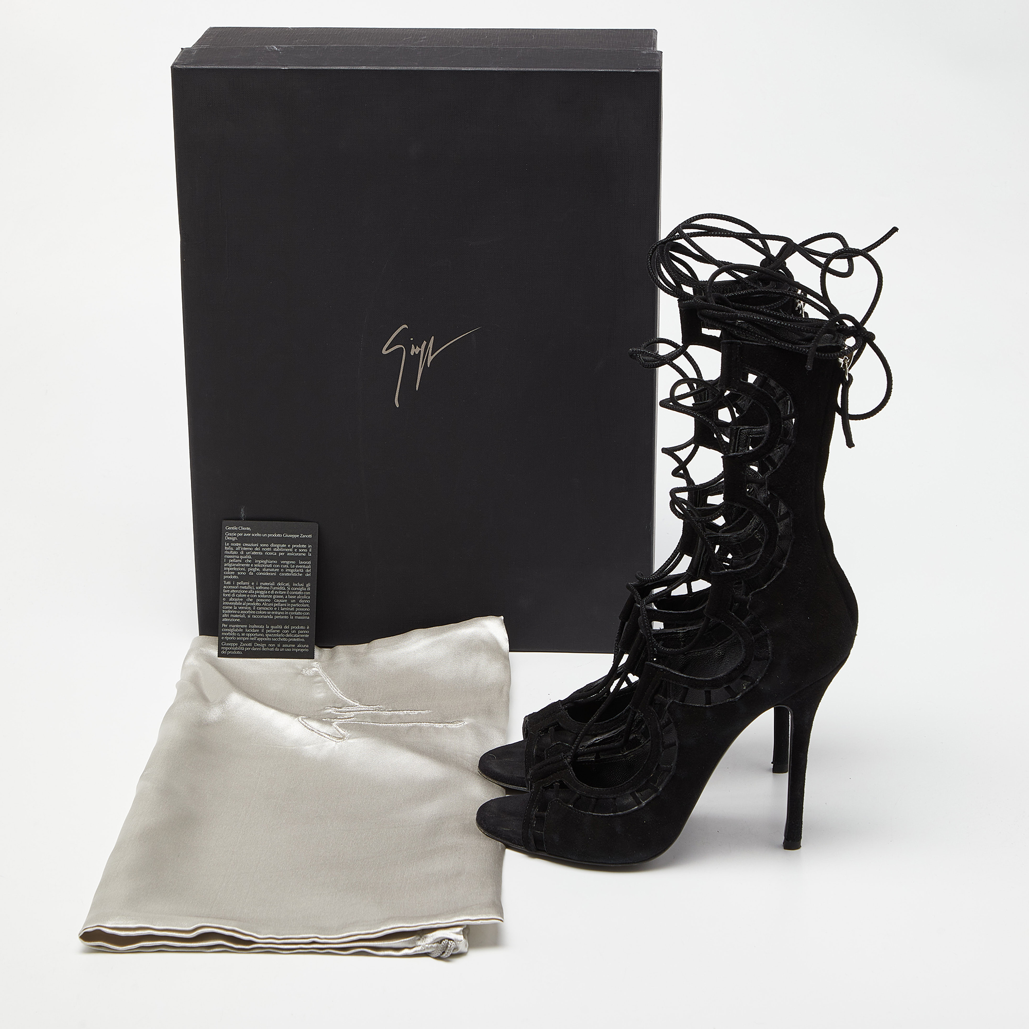 Giuseppe Zanotti Black Suede Cut Out Strappy High Peep Toe Sandals Size 37