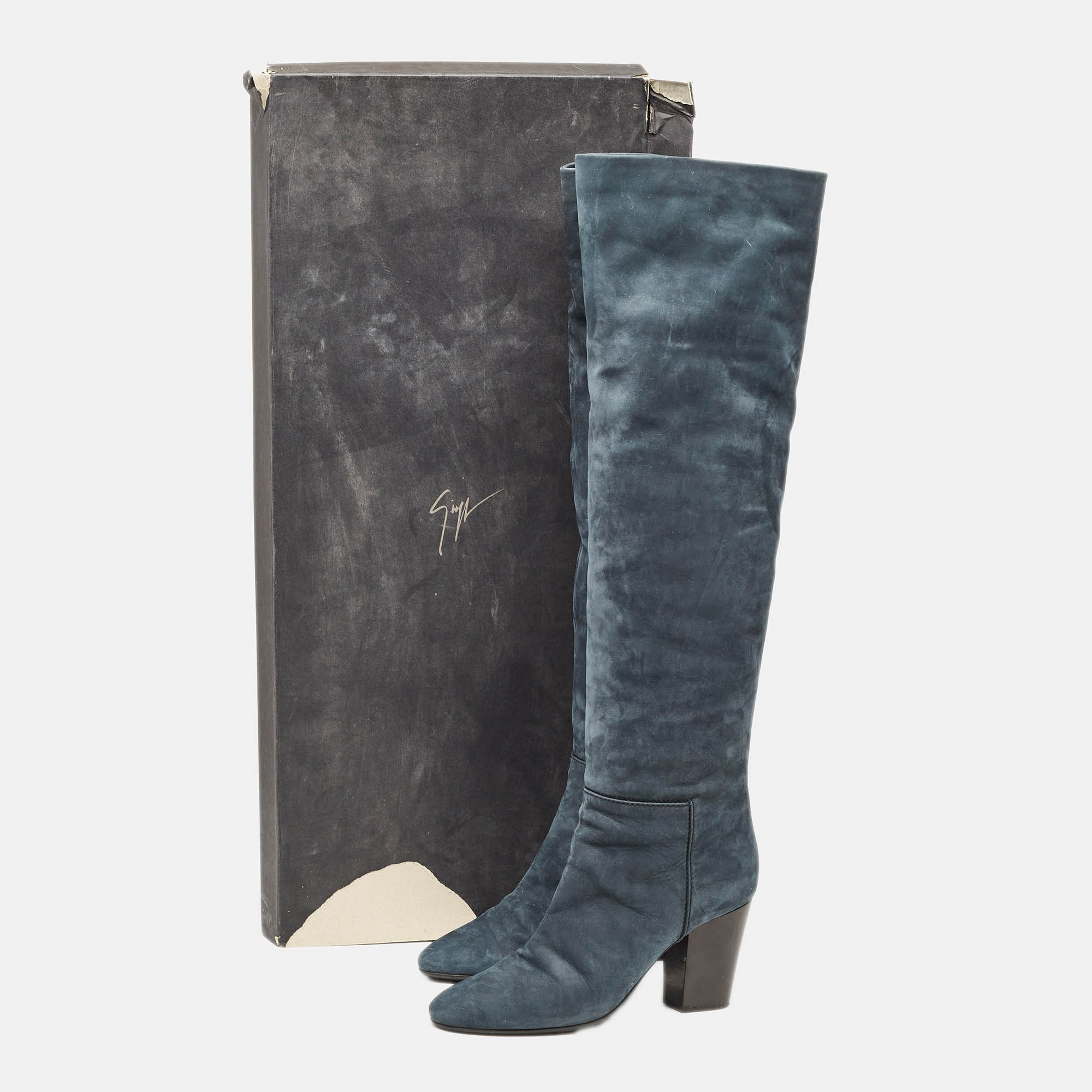 Giuseppe Zanotti Navy Blue Nubuck Leather Block Heel Knee Boots Size 41