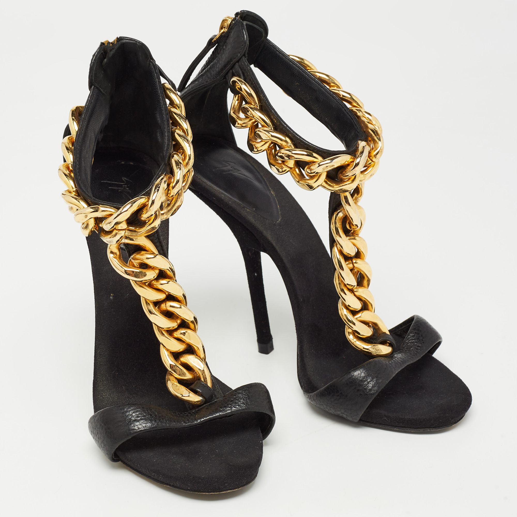 Giuseppe Zanotti Black Suede And Leather Chain Detail T Strap Sandals Size 37.5