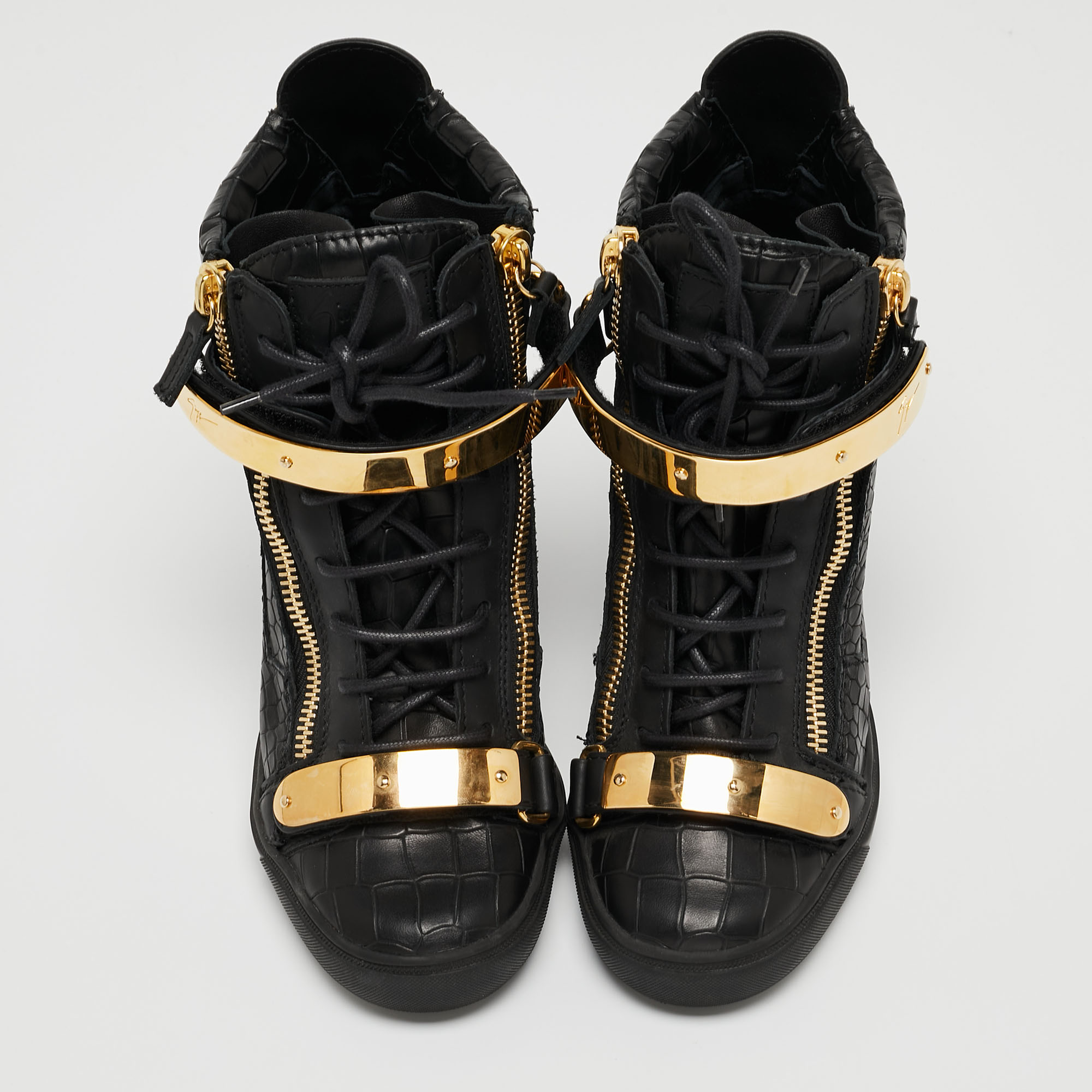 Giuseppe Zanotti Black Croc Embossed Leather Lorenz Wadge Sneakers Size 41