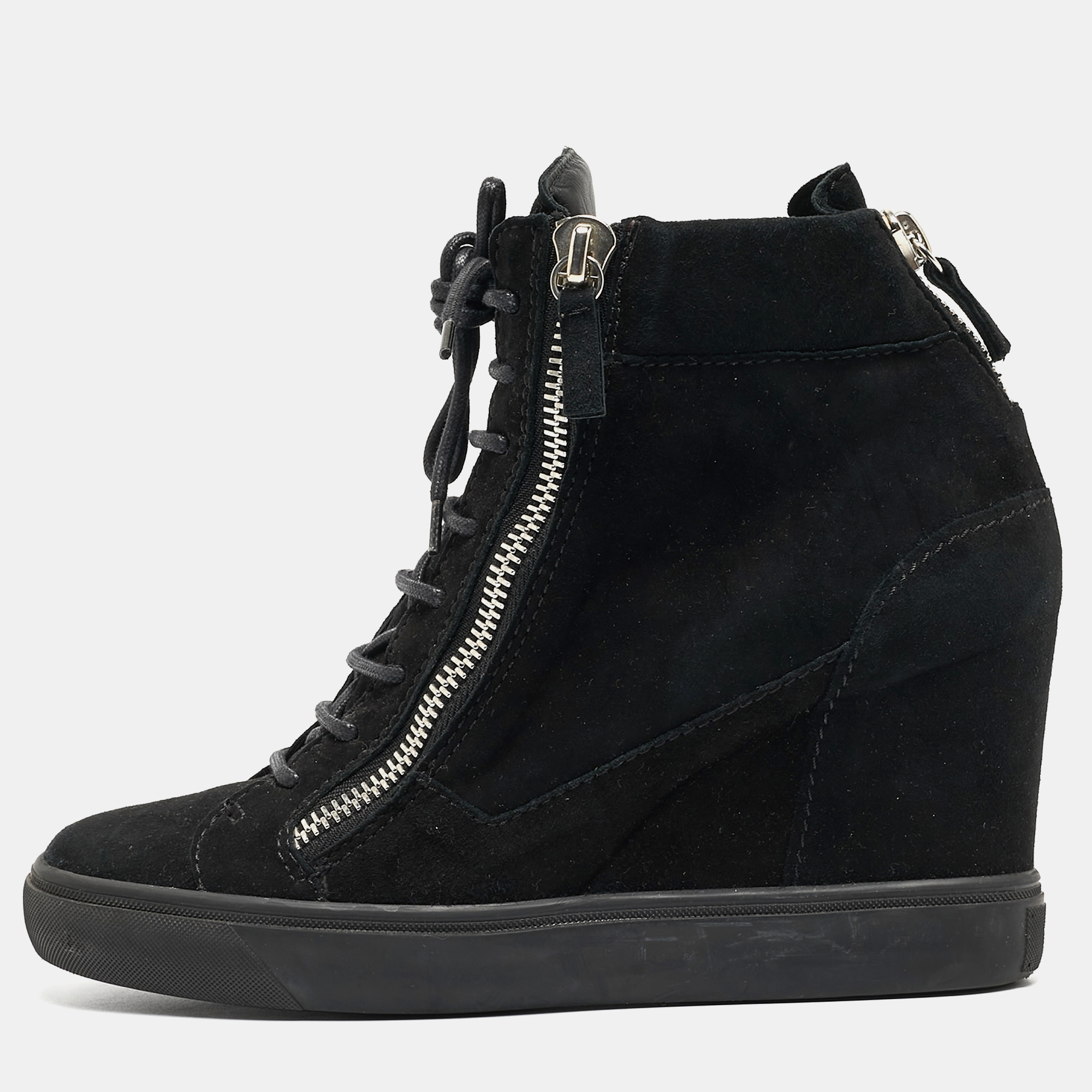 Giuseppe Zanotti Black Suede High Top Wedge Sneakers Size 40