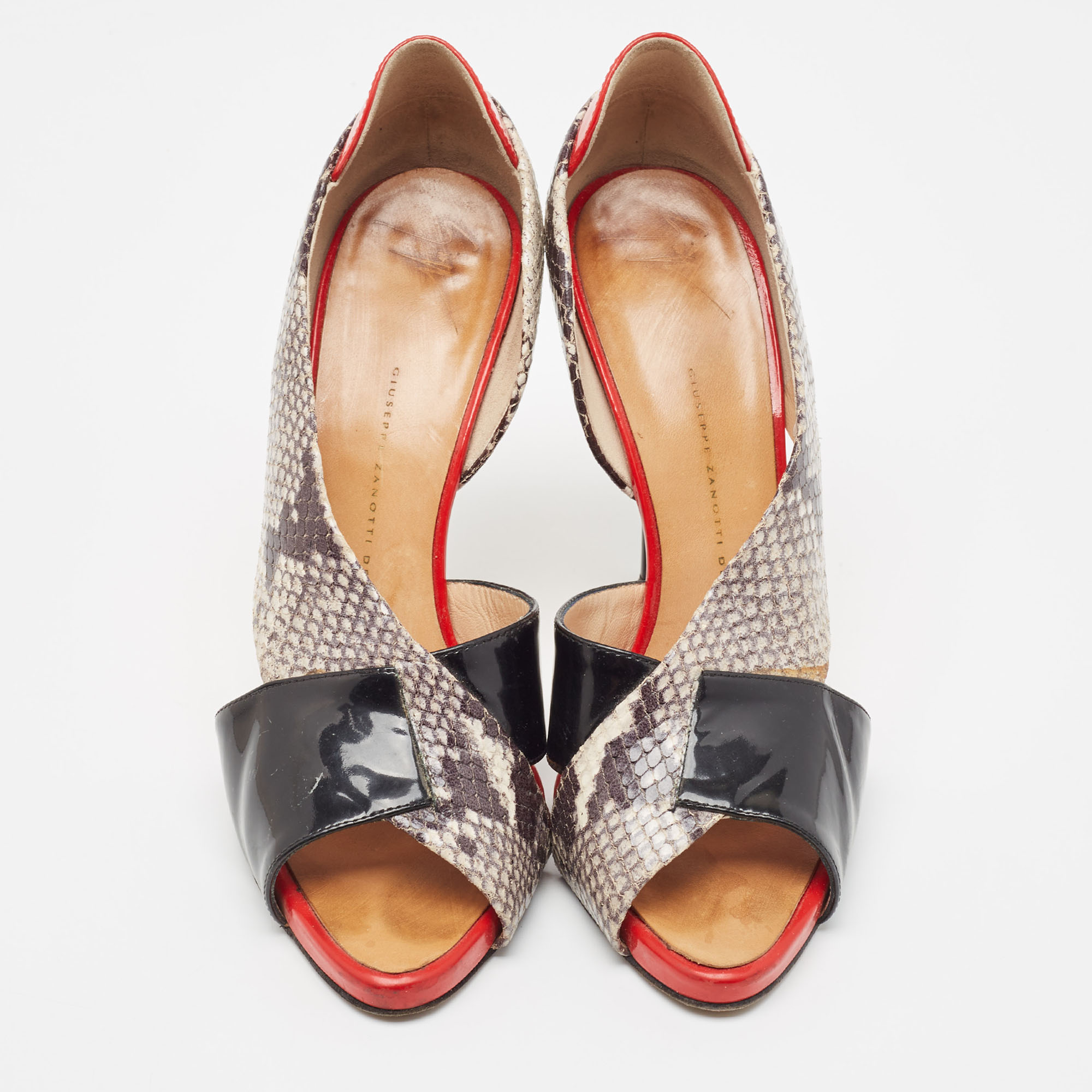 Giuseppe Zanotti Tricolor Embossed Snakeskin And Patent Leather Open Toe D'orsay Pumps Size 40.5