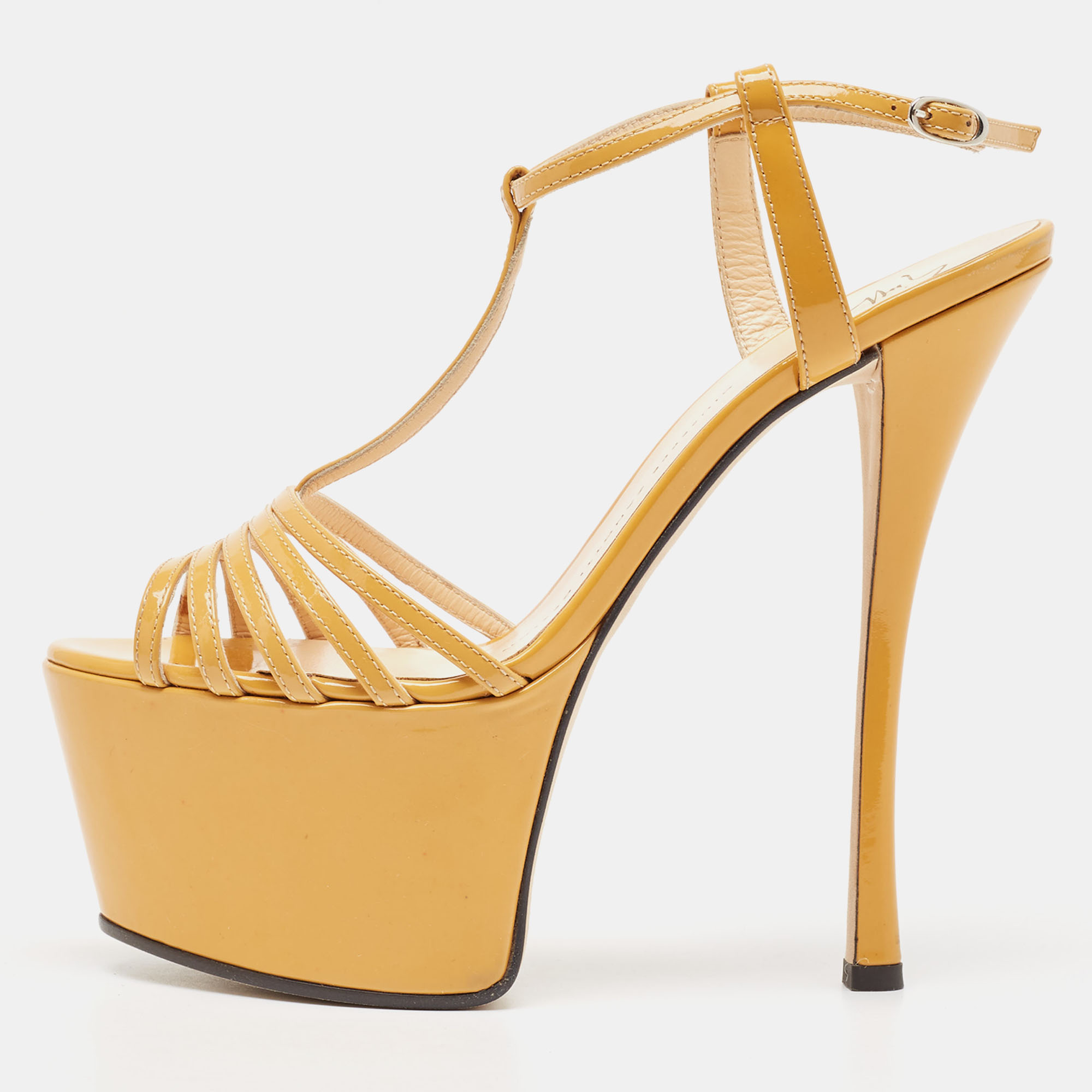 Giuseppe zanotti yellow patent leather t-strap platform sandals size 37