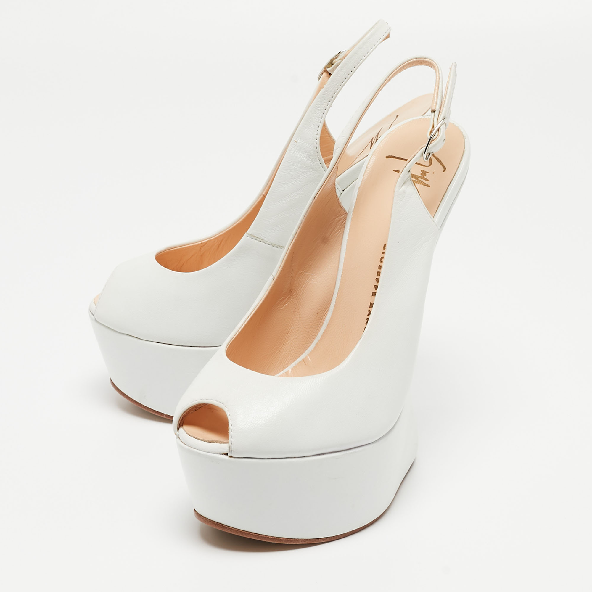 Giuseppe Zanotti White Leather Peep Toe Platform Heel Less Slingback Pumps Size 35