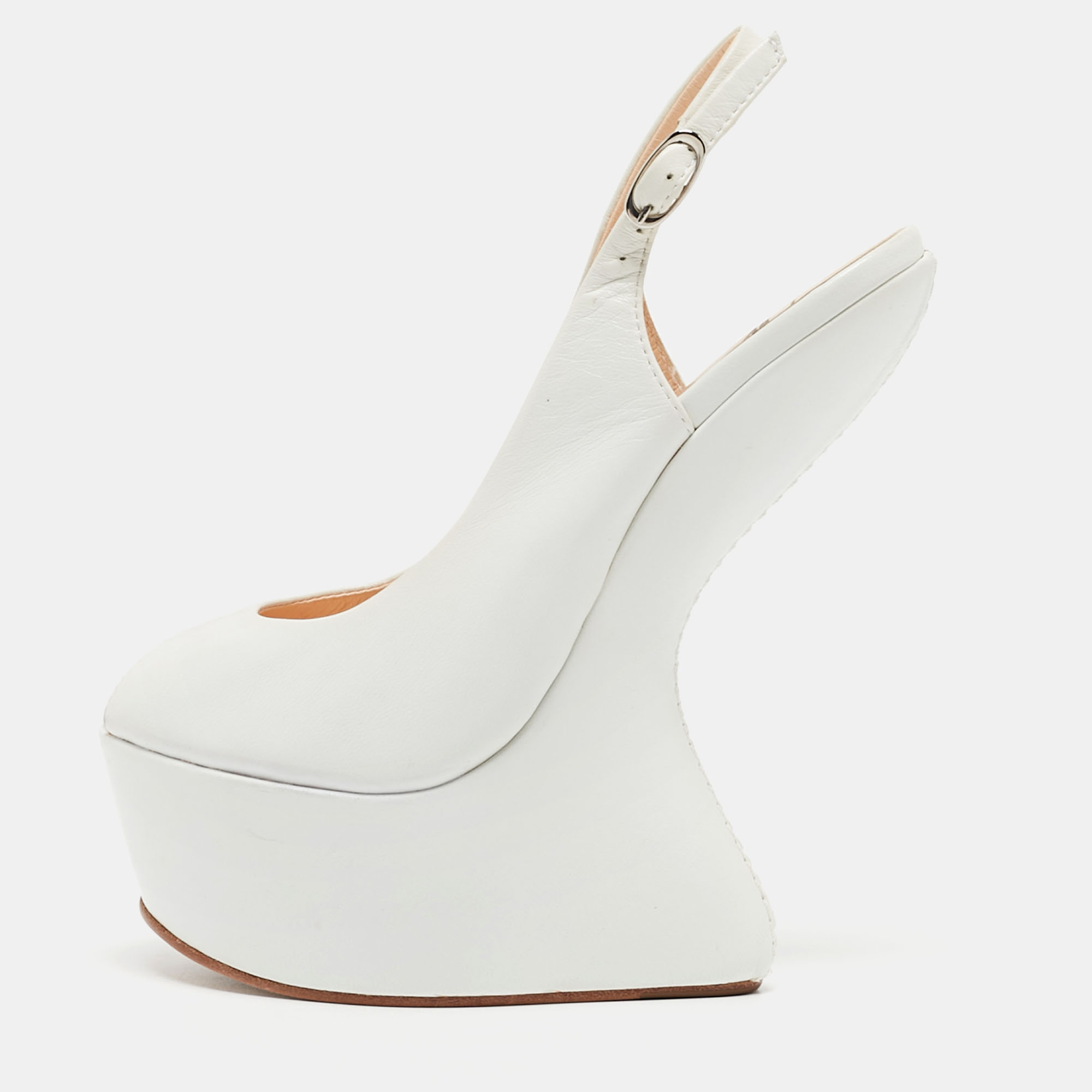 Giuseppe zanotti white leather peep toe platform heel less slingback pumps size 35