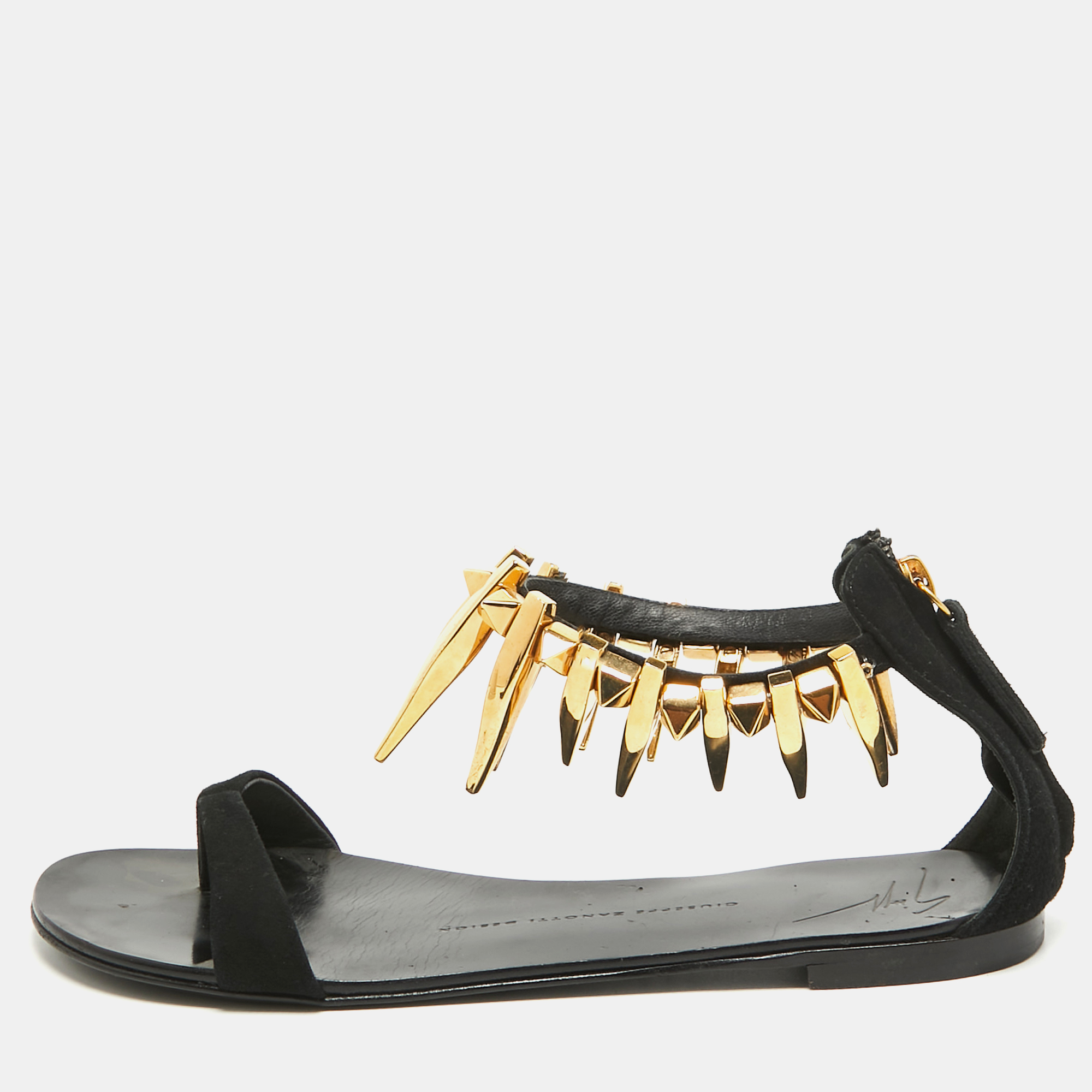 Giuseppe zanotti black suede zak spike ankle strap flat sandals size 37.5