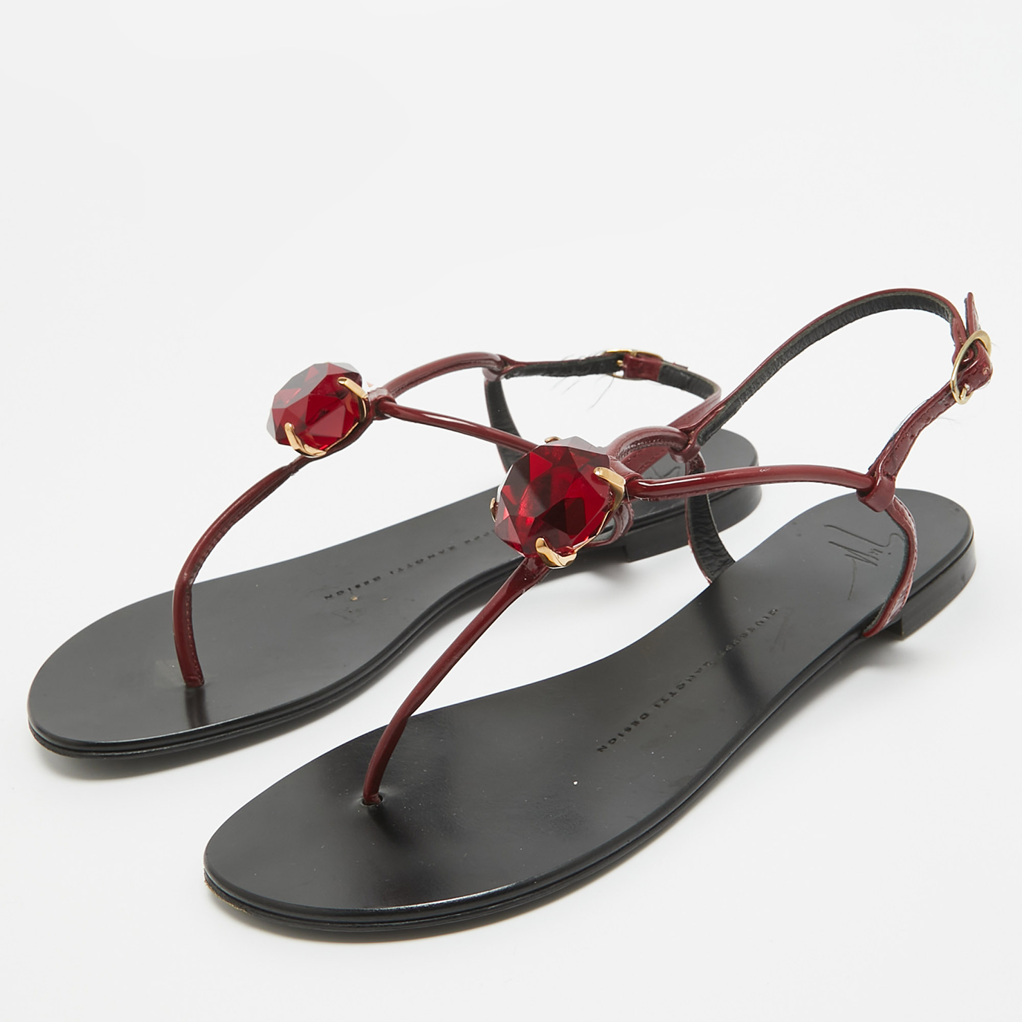 Giuseppe Zanotti Burgundy Patent Leather Crystal Embellished Thong Flat Sandals Size 37