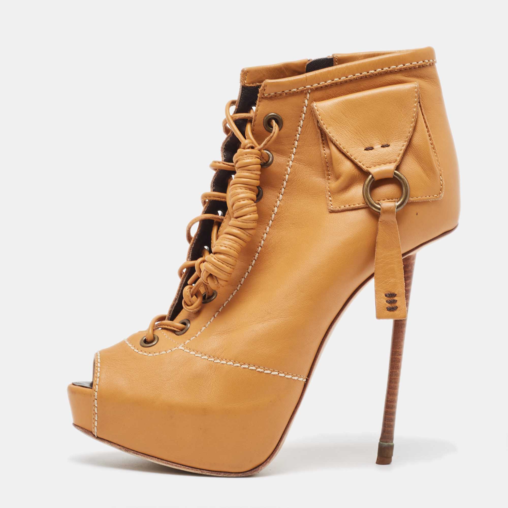 Giuseppe zanotti light brown leather peep toe lace up ankle boots size 36