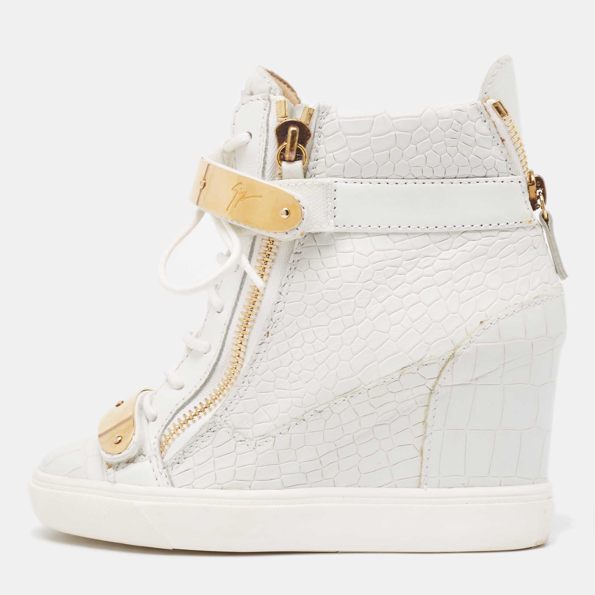 Giuseppe zanotti white croc embossed leather wedge high top sneakers size 36