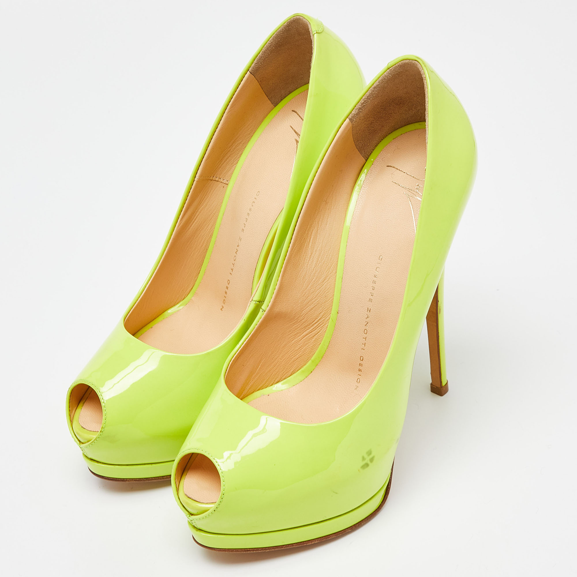 Giuseppe Zanotti Neon Green Patent Leather Sharon Peep Toe Pumps Size 39