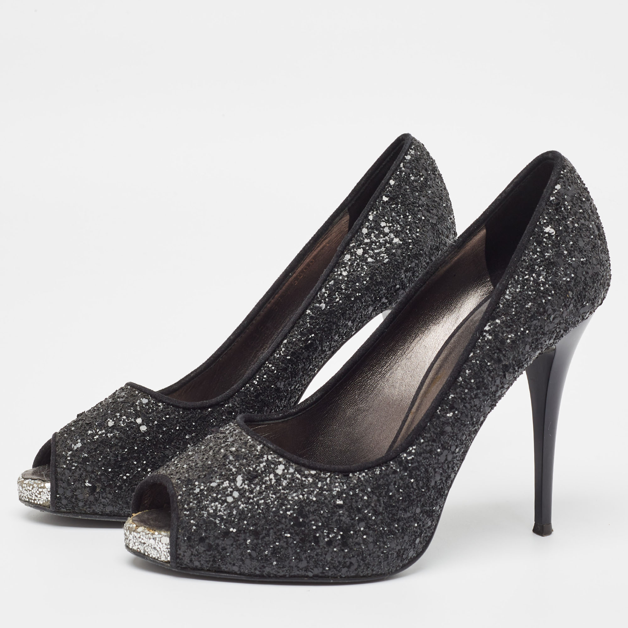 Giuseppe Zanotti Black Glitter Platform Peep Toe Pumps Size 37.5