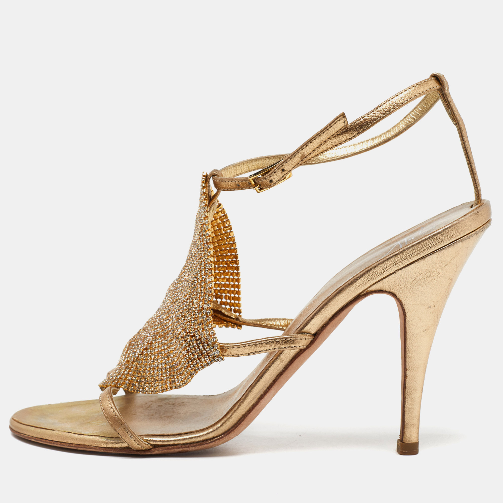 

Giuseppe Zanotti Gold Leather Crystal Embellished Sandals Size