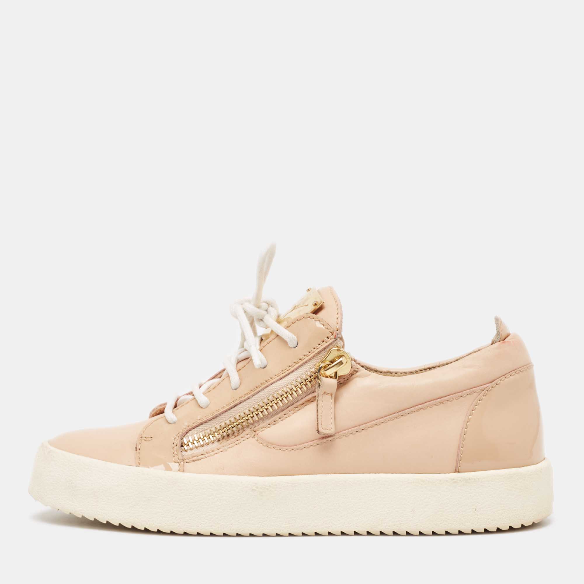 Giuseppe zanotti beige patent and leather double zipper low top sneakers size 39