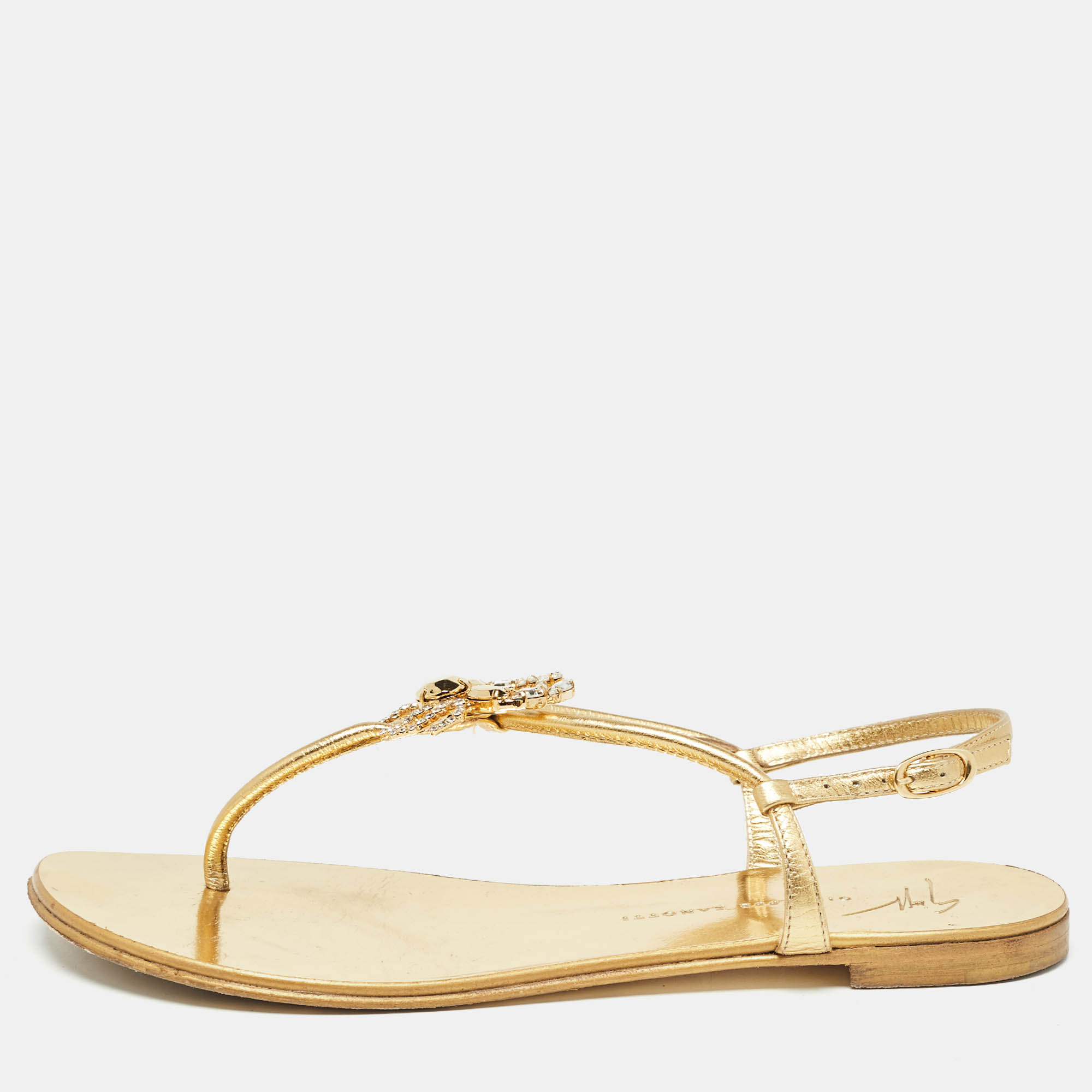 Giuseppe zanotti gold leather crystal embellished scorpio flat sandals size 37