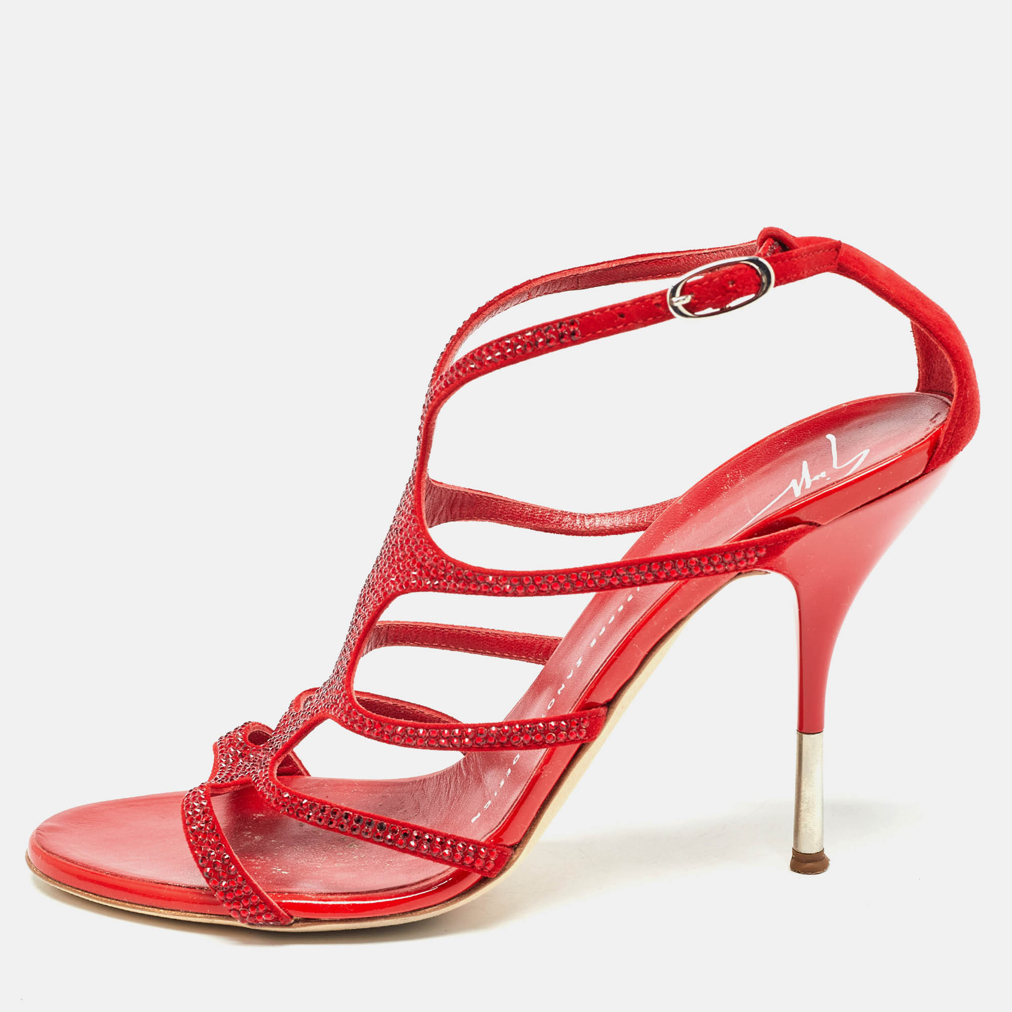 Giuseppe zanotti red crystal embellished suede strappy sandals size 37