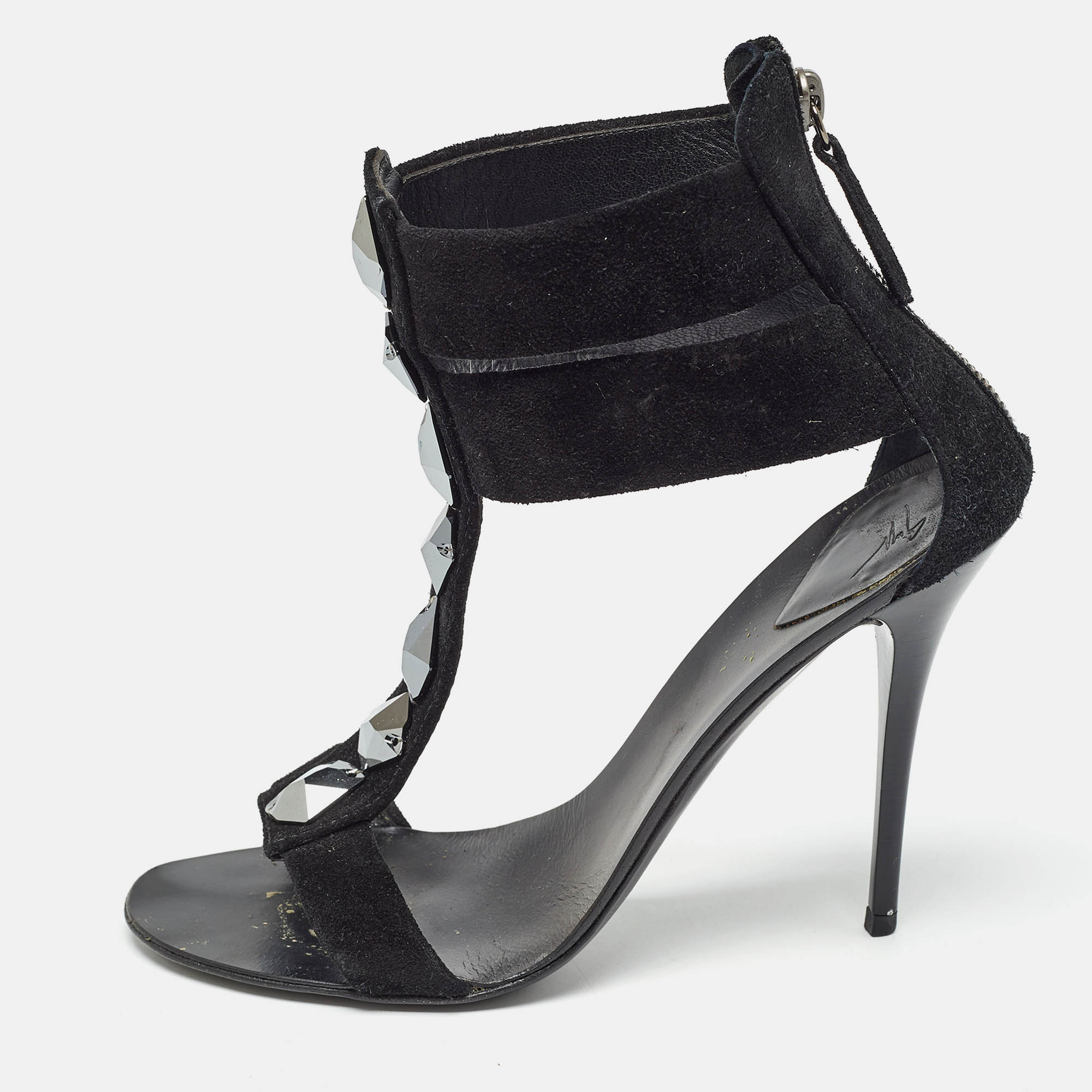 Giuseppe zanotti black suede crystal embellished t-bar ankle strap sandals size 37.5