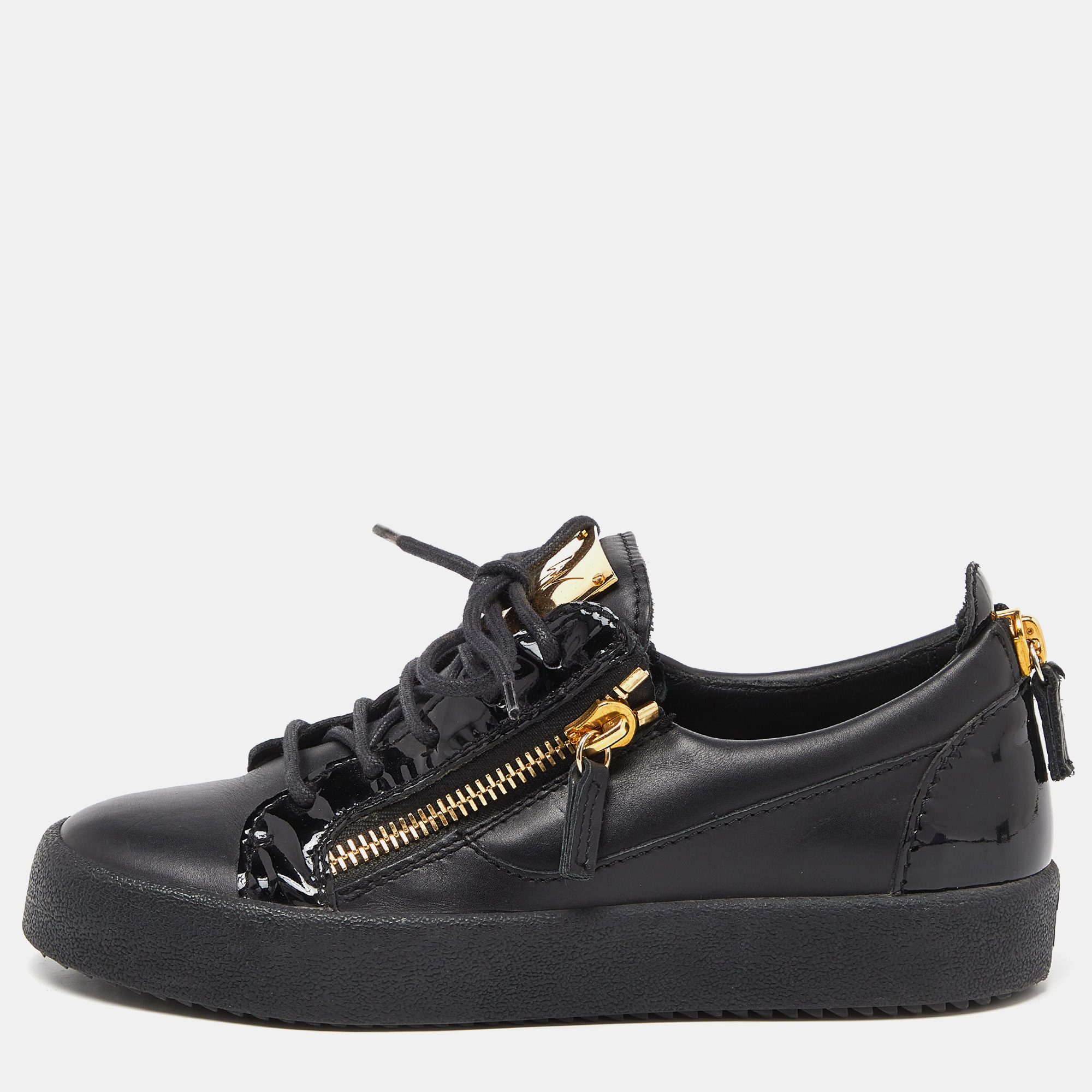 Giuseppe zanotti black patent and leather frankie low top sneakers size 38.5