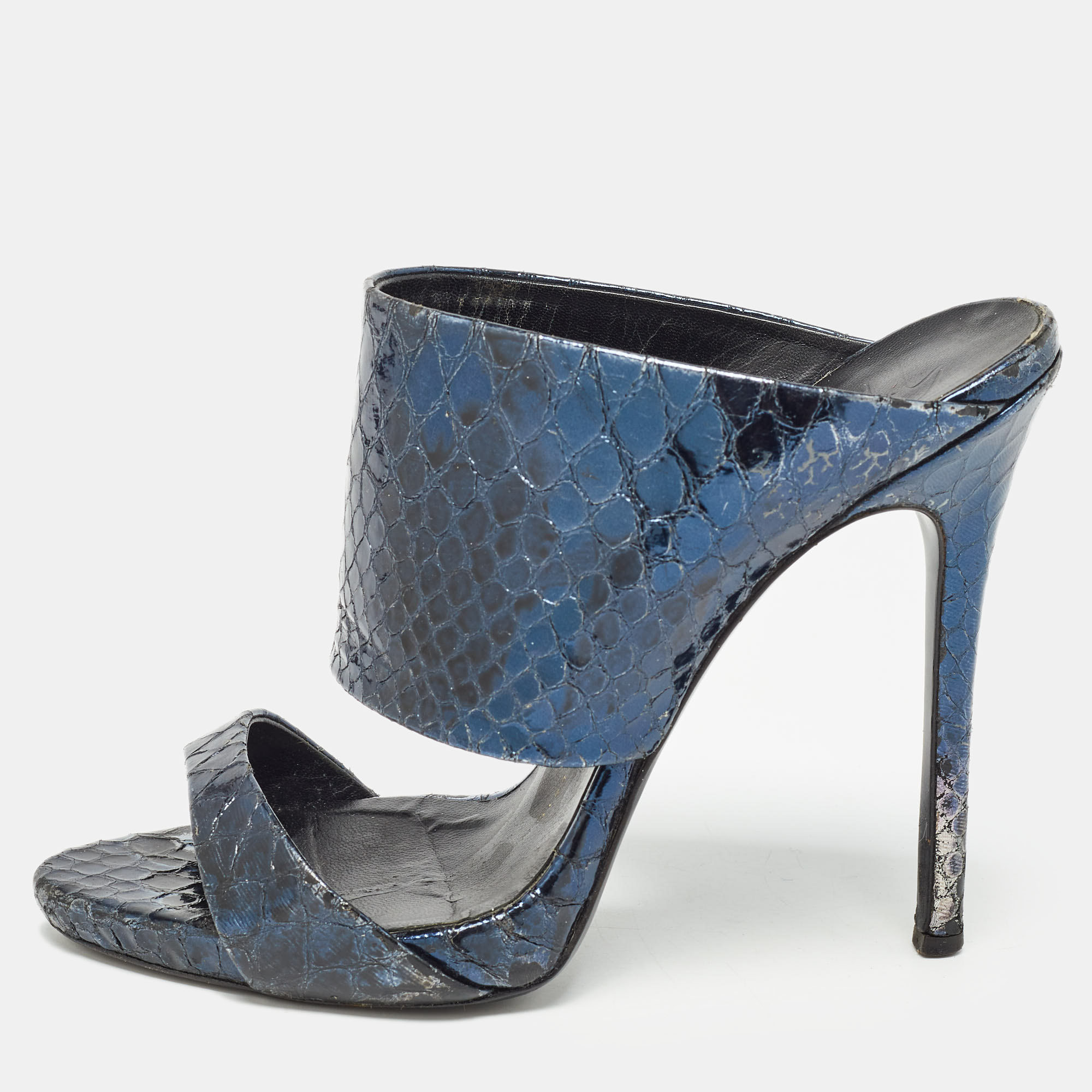 Giuseppe zanotti metallic blue python embossed leather andrea sandals size 36