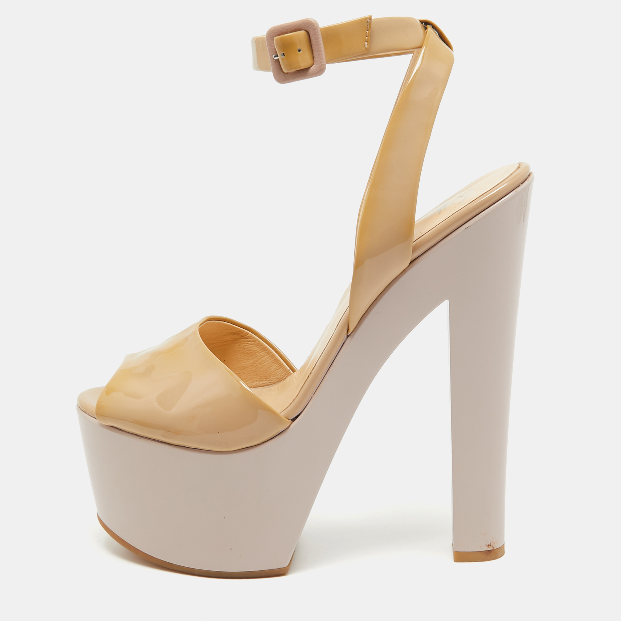 Giuseppe zanotti beige patent leather lavinia open toe platform ankle strap sandals size 39