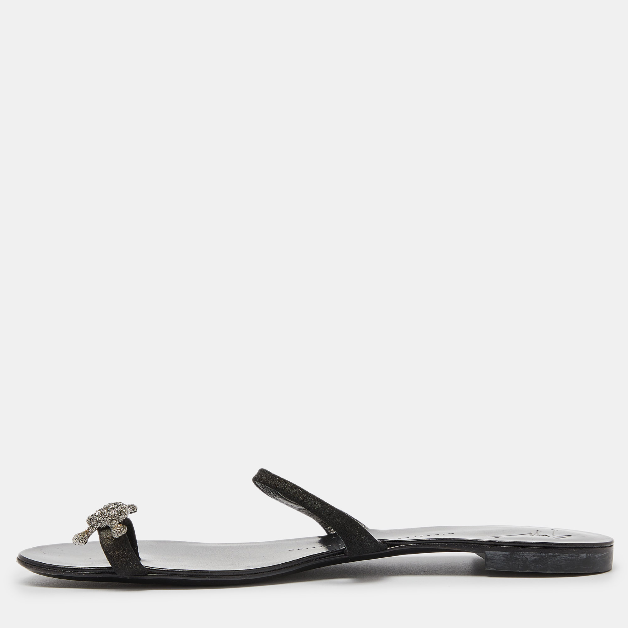 Giuseppe zanotti black suede crystal skull  toe ring sandals size 38