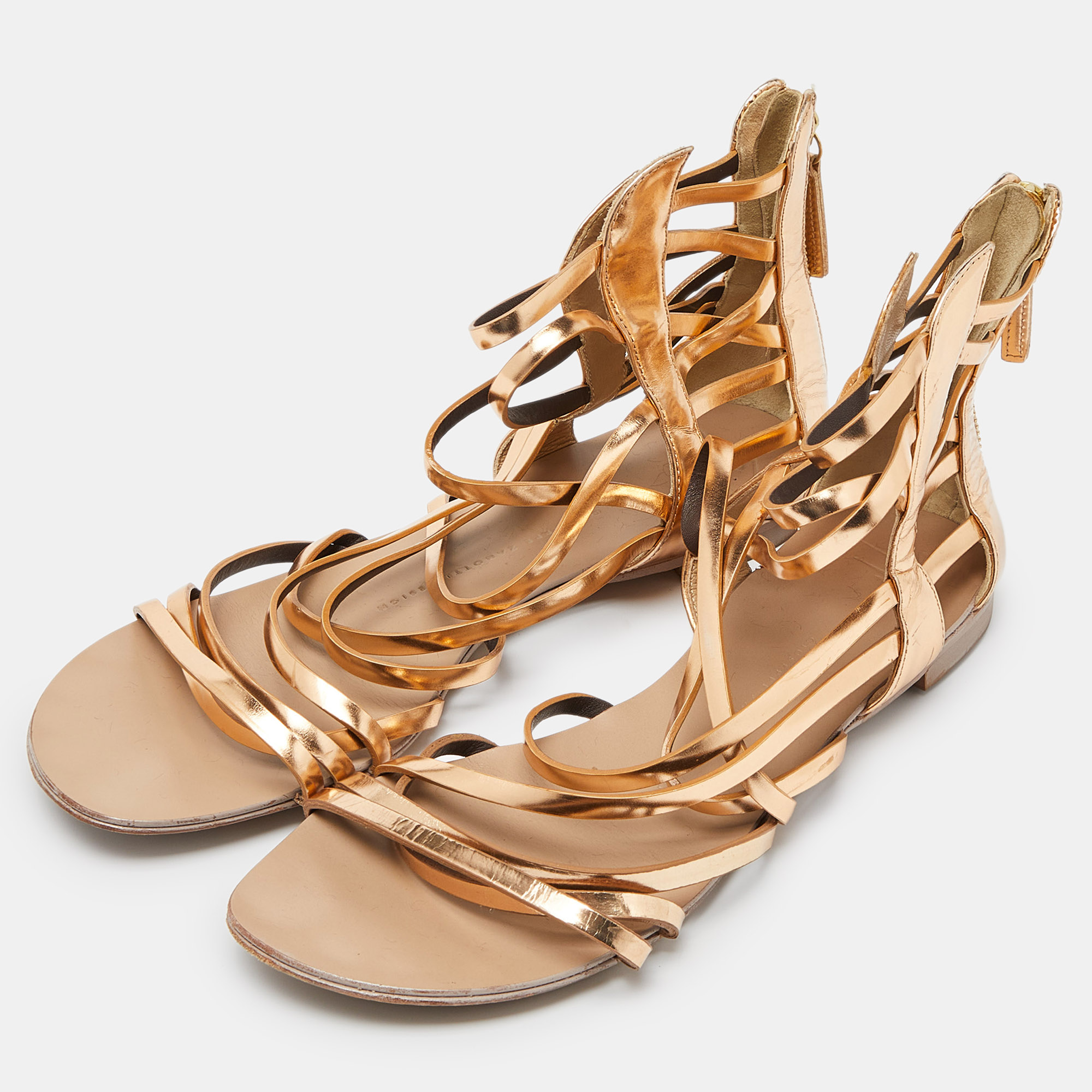 Giuseppe Zanotti Gold Leather Ankle Cuff Flat Sandals Size 38.5