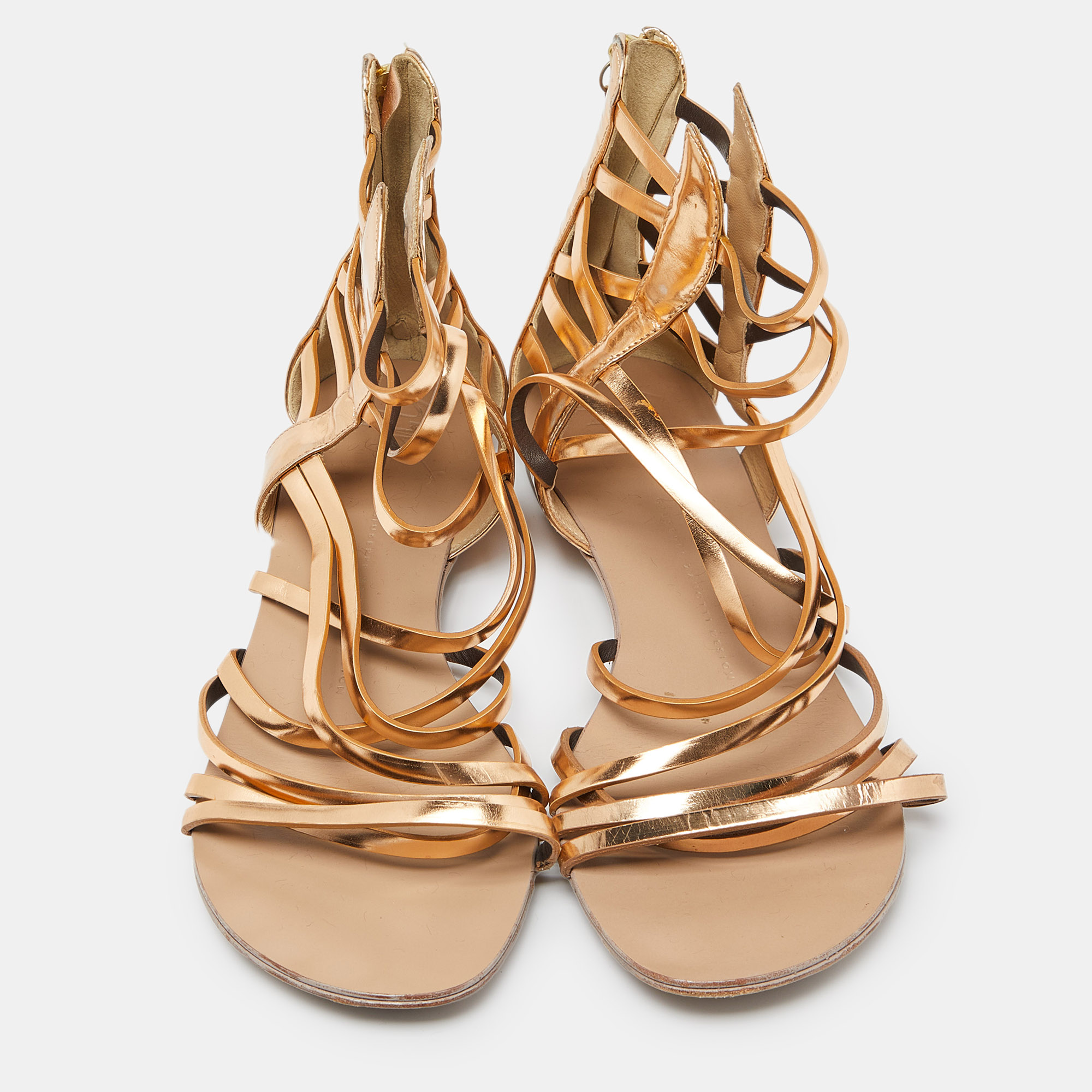 Giuseppe Zanotti Gold Leather Ankle Cuff Flat Sandals Size 38.5