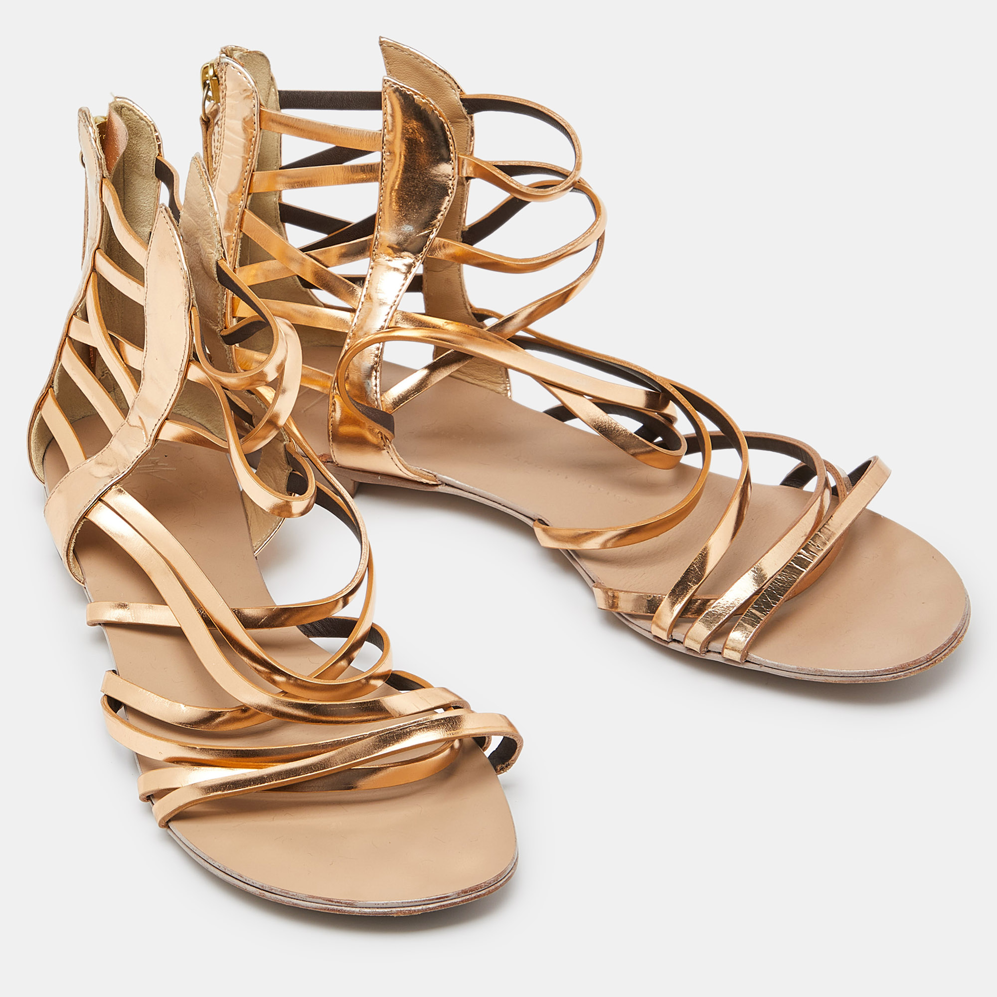 Giuseppe Zanotti Gold Leather Ankle Cuff Flat Sandals Size 38.5