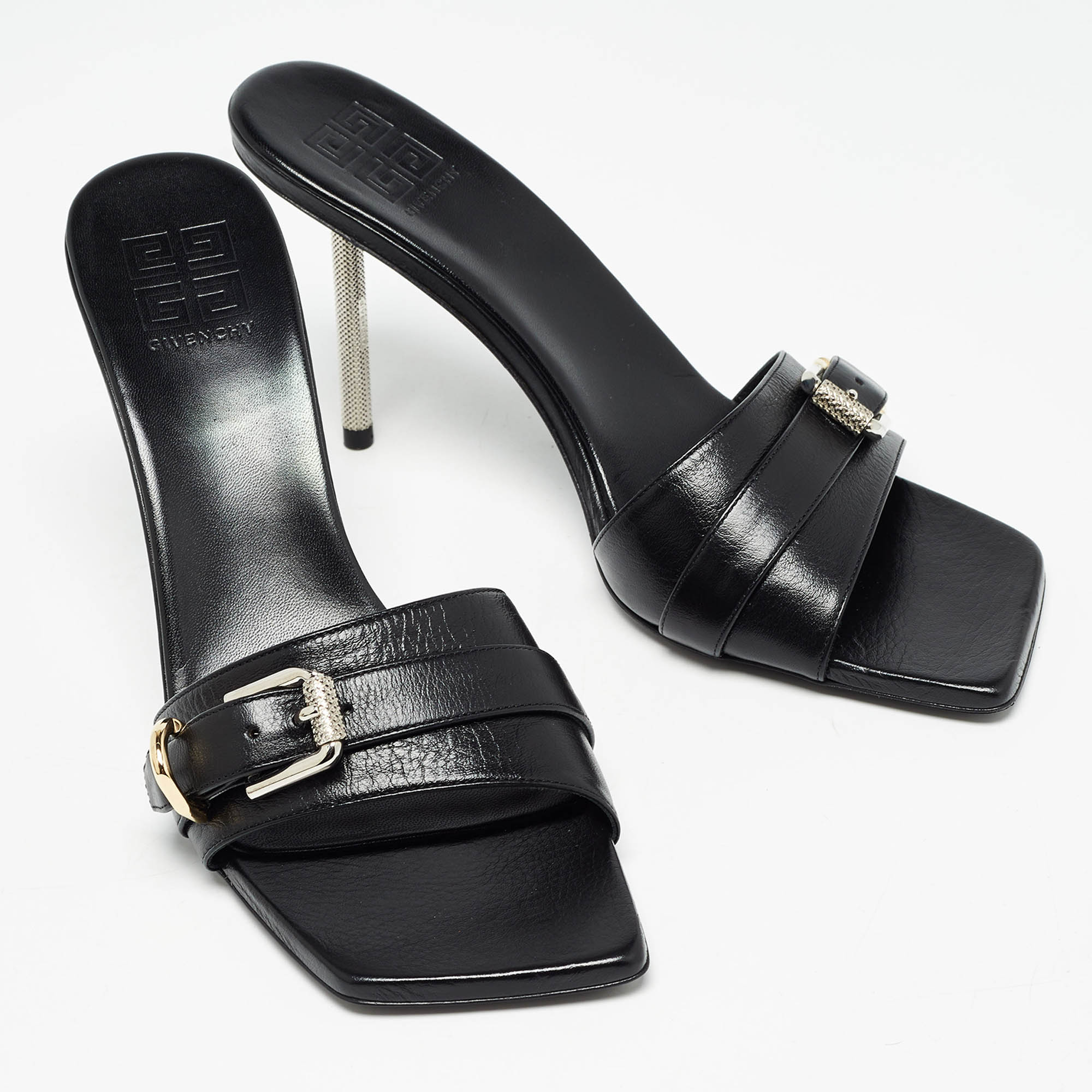 Givenchy Black Leather Voyou Slide Sandals Size 38