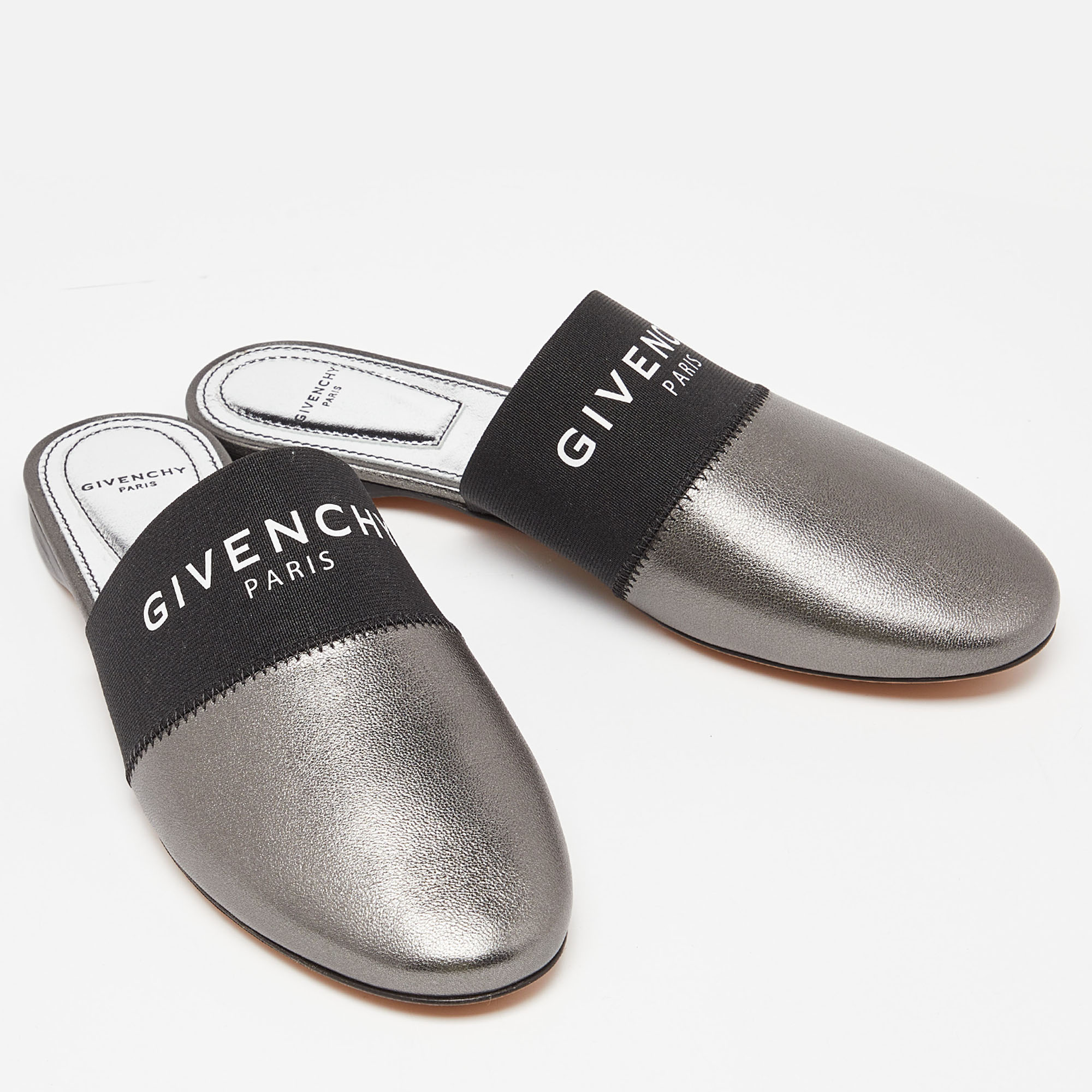 Givenchy Metallic Grey Leather Bedford Flat Mules Size 36