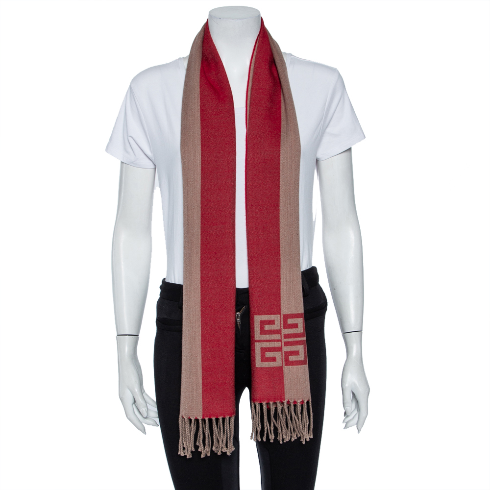 

Givenchy Color Block Logo Jacquard Wool Fringed Stole, Red