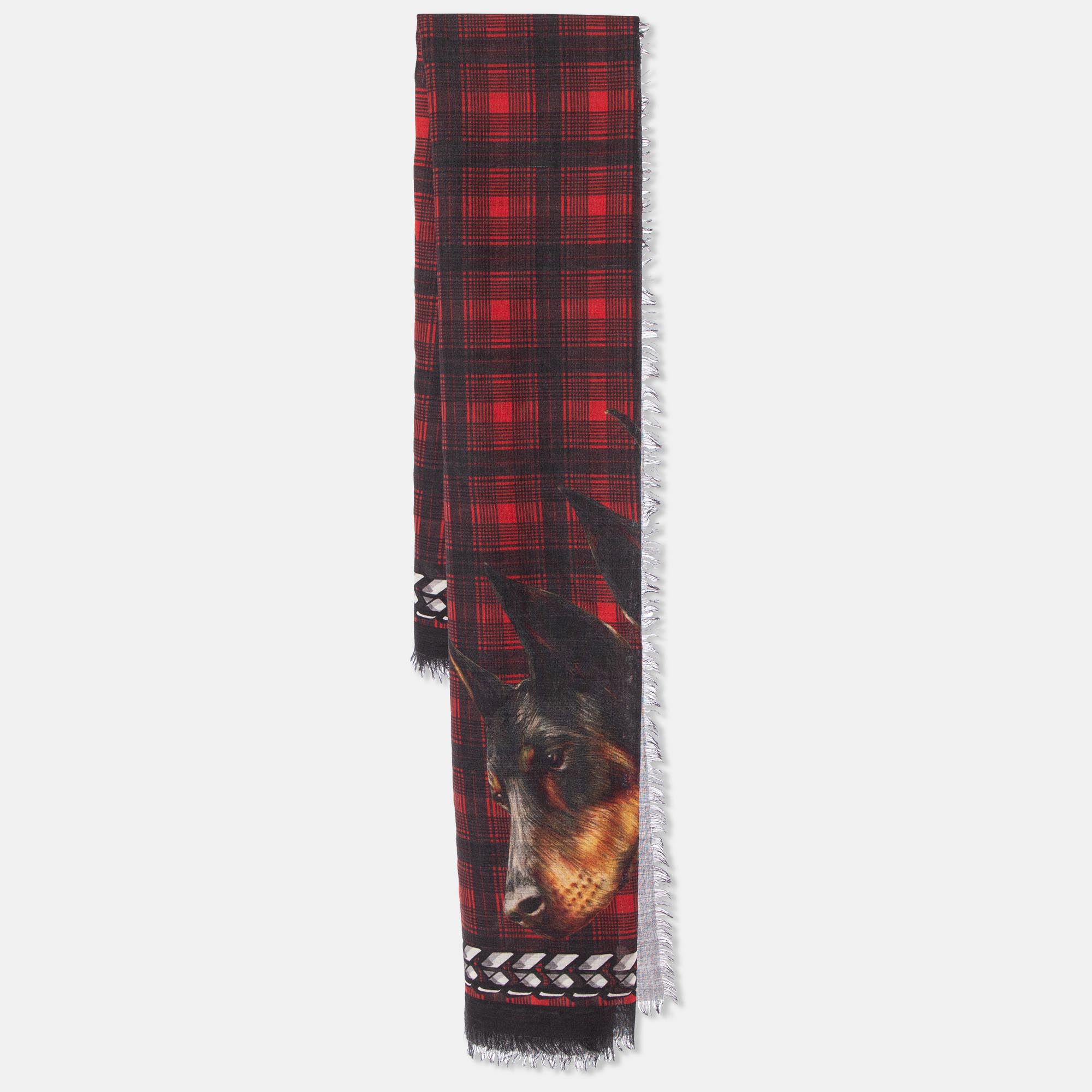 Givenchy red & black doberman & tartan printed wool scarf