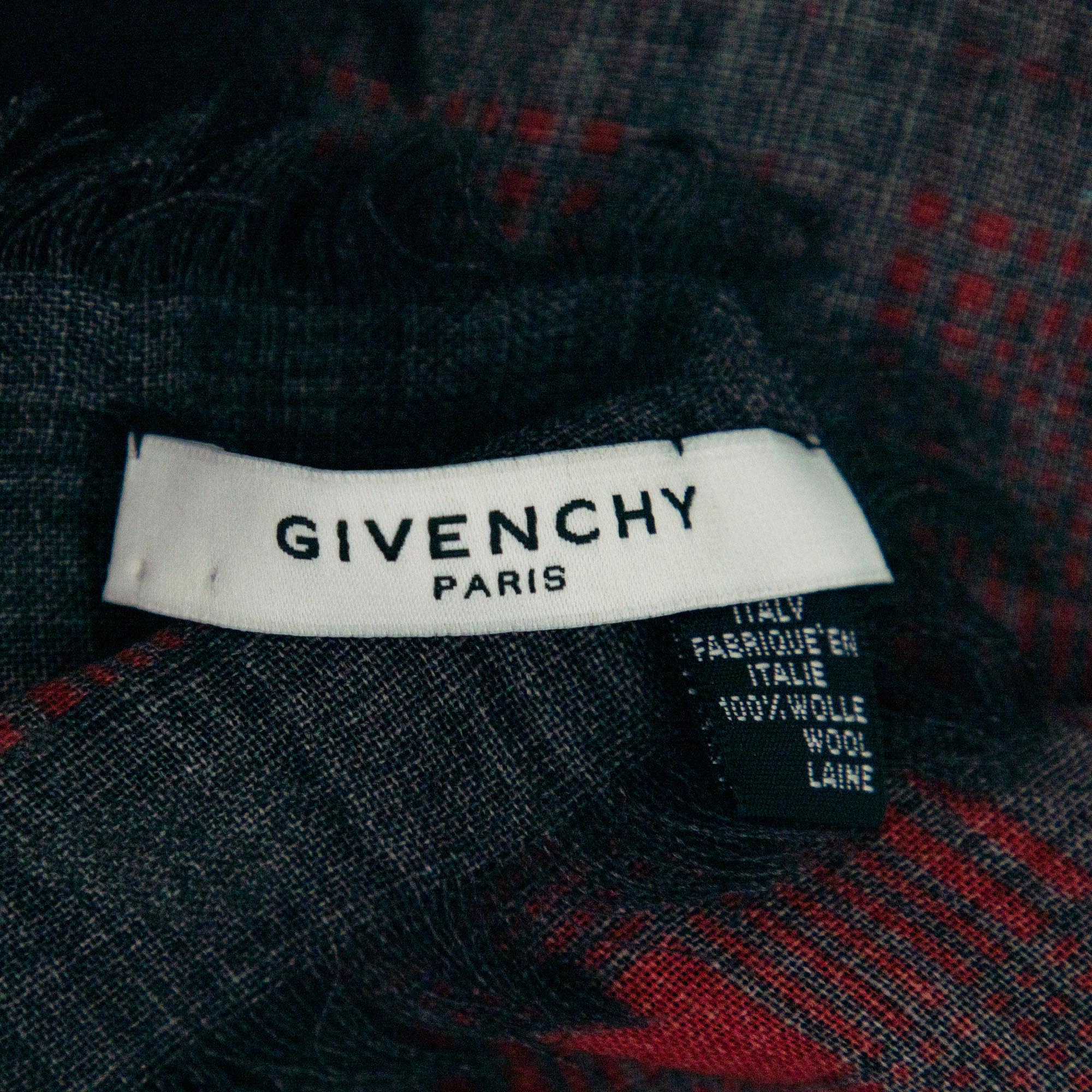 Givenchy Red & Black Doberman & Tartan Printed Wool Scarf