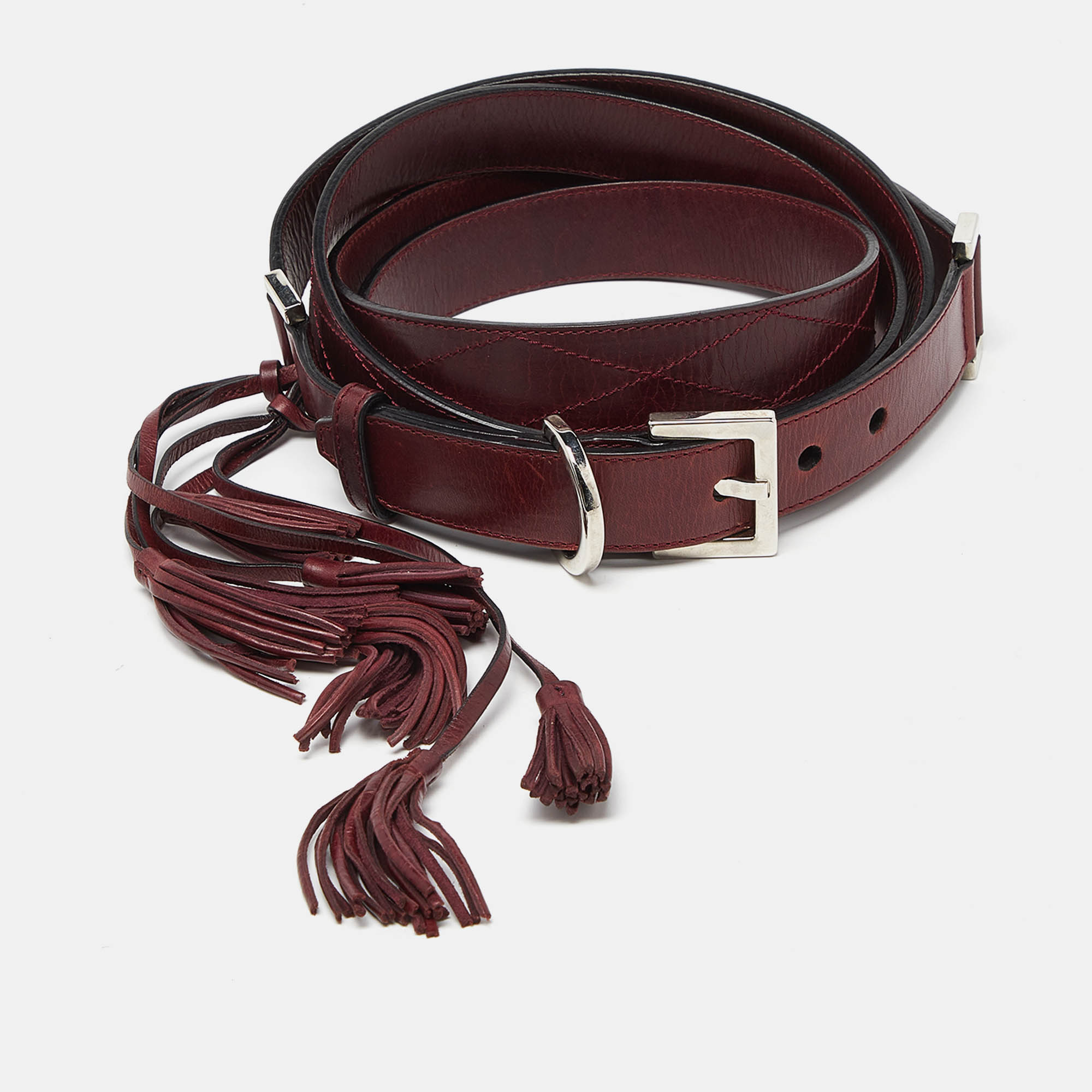 Givenchy burgundy leather tassel double wrap buckle belt 195cm