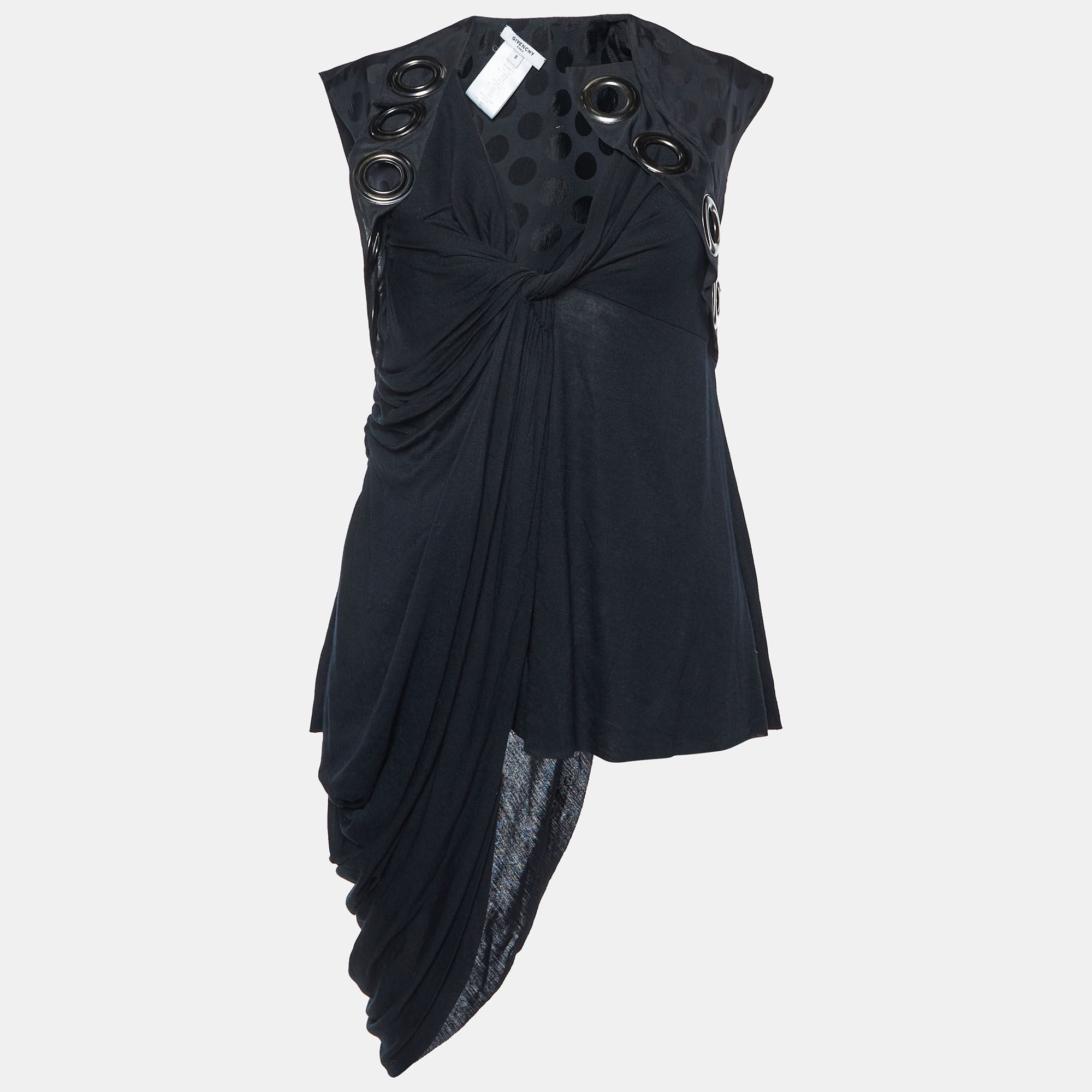 Givenchy black jersey and silk grommet detail asymmetric top s